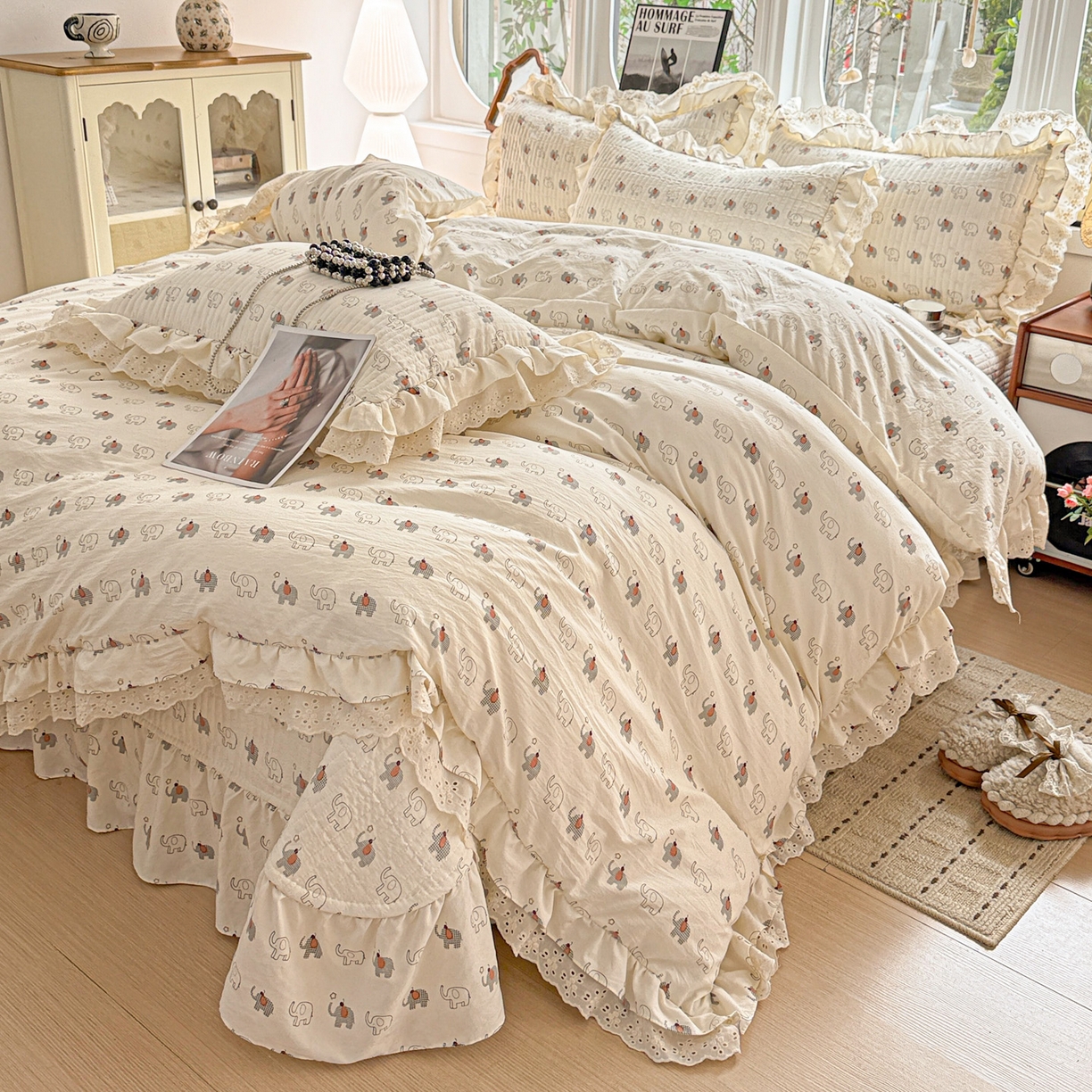 91家纺网 家纺一手货源 找家纺  梦莱斯 2026新款小清新可爱风纯棉花边床盖四件套 小象