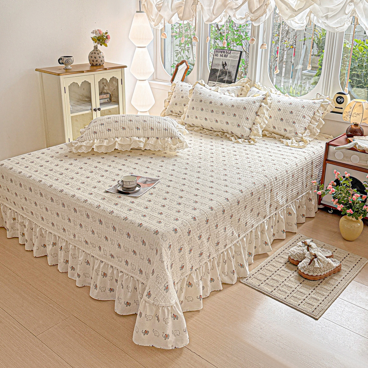 91家纺网 家纺一手货源 找家纺  梦莱斯 2026新款小清新可爱风纯棉花边床盖四件套 小象