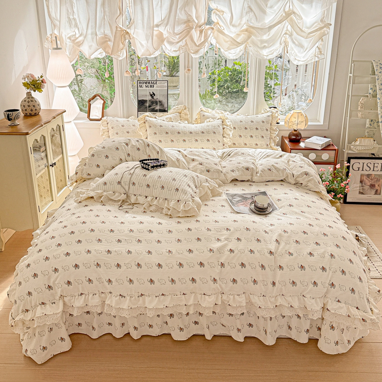 91家纺网 家纺一手货源 找家纺  梦莱斯 2026新款小清新可爱风纯棉花边床盖四件套 小象