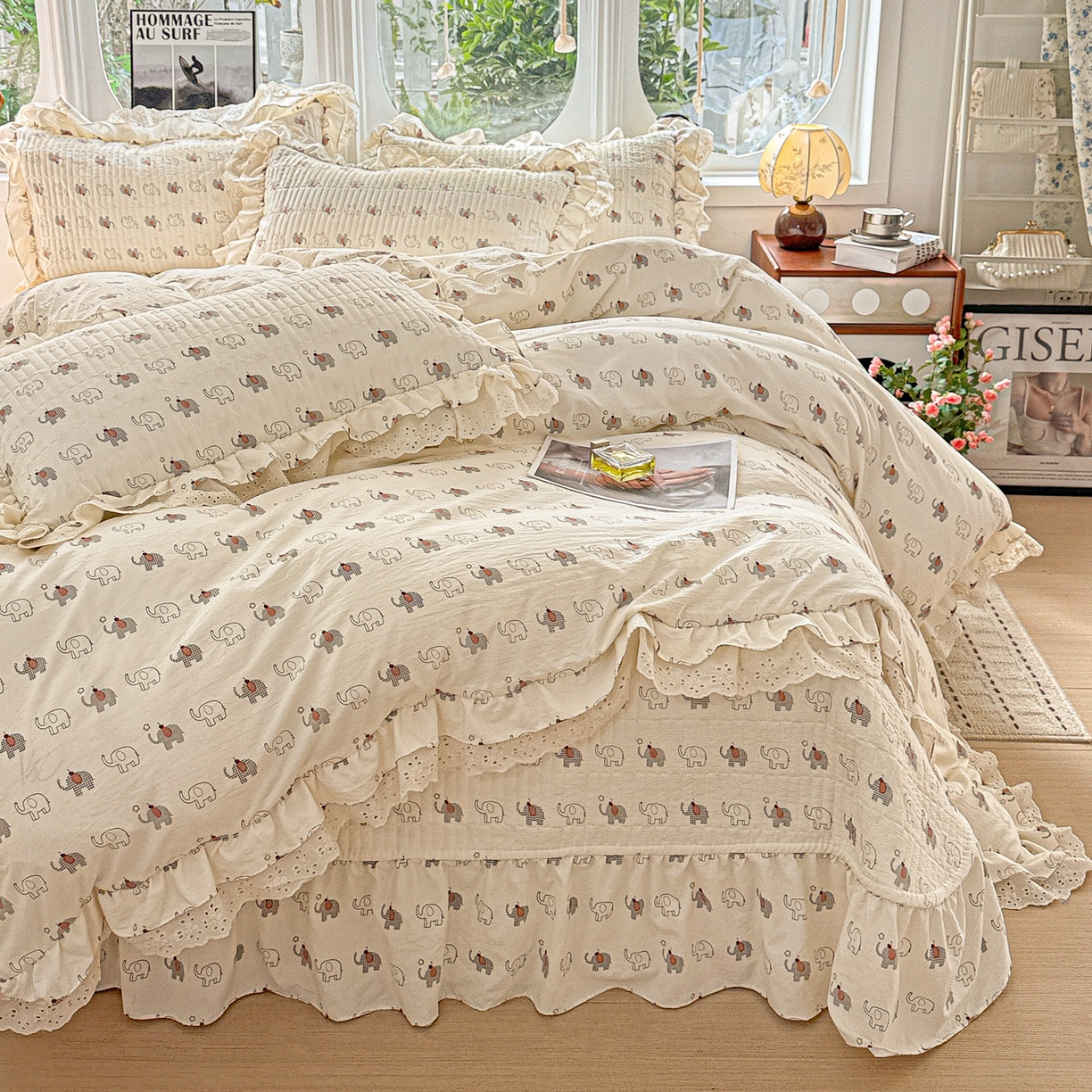 91家纺网 家纺一手货源 找家纺  梦莱斯 2026新款小清新可爱风纯棉花边床盖四件套 小象