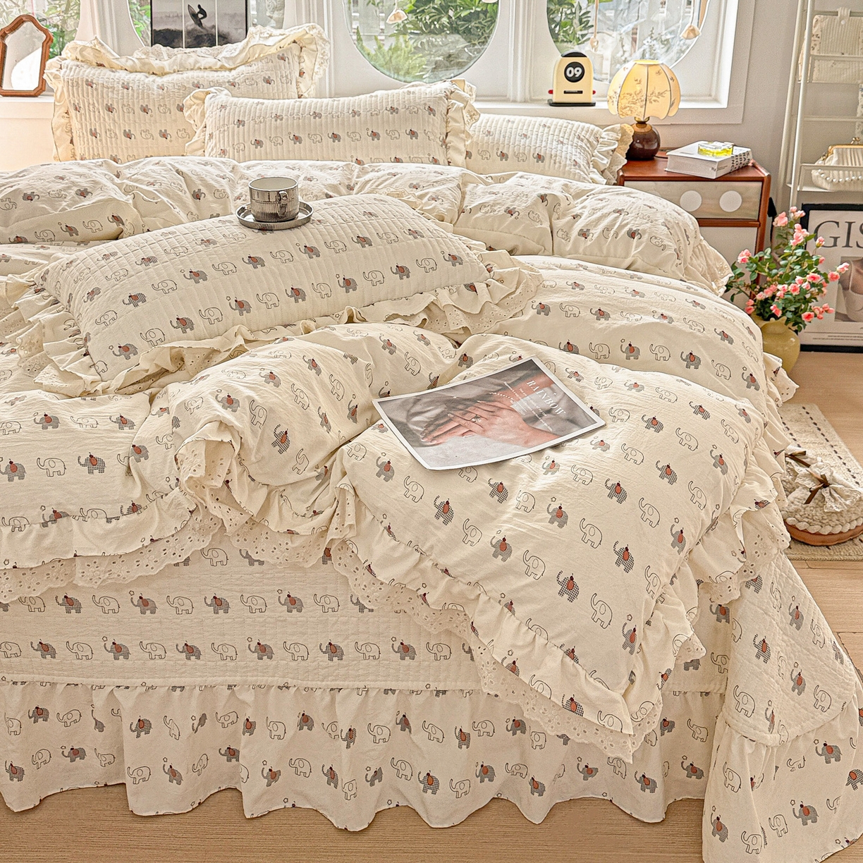  梦莱斯 2026新款小清新可爱风纯棉花边床盖四件套 小象