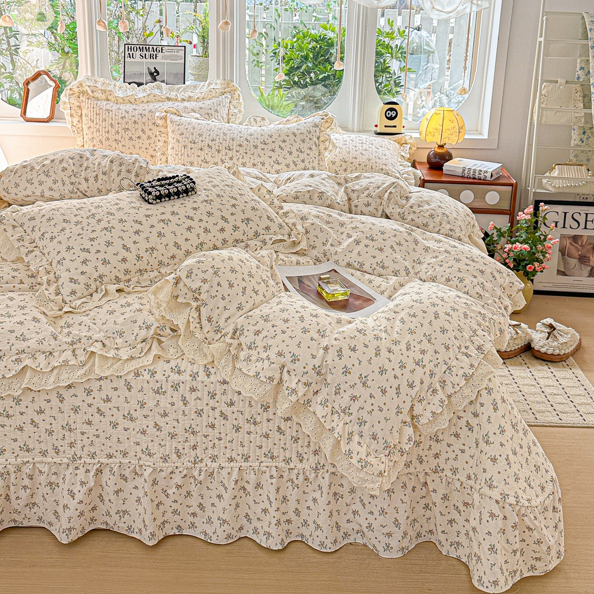  梦莱斯 2026新款小清新可爱风纯棉花边床盖四件套 屿花