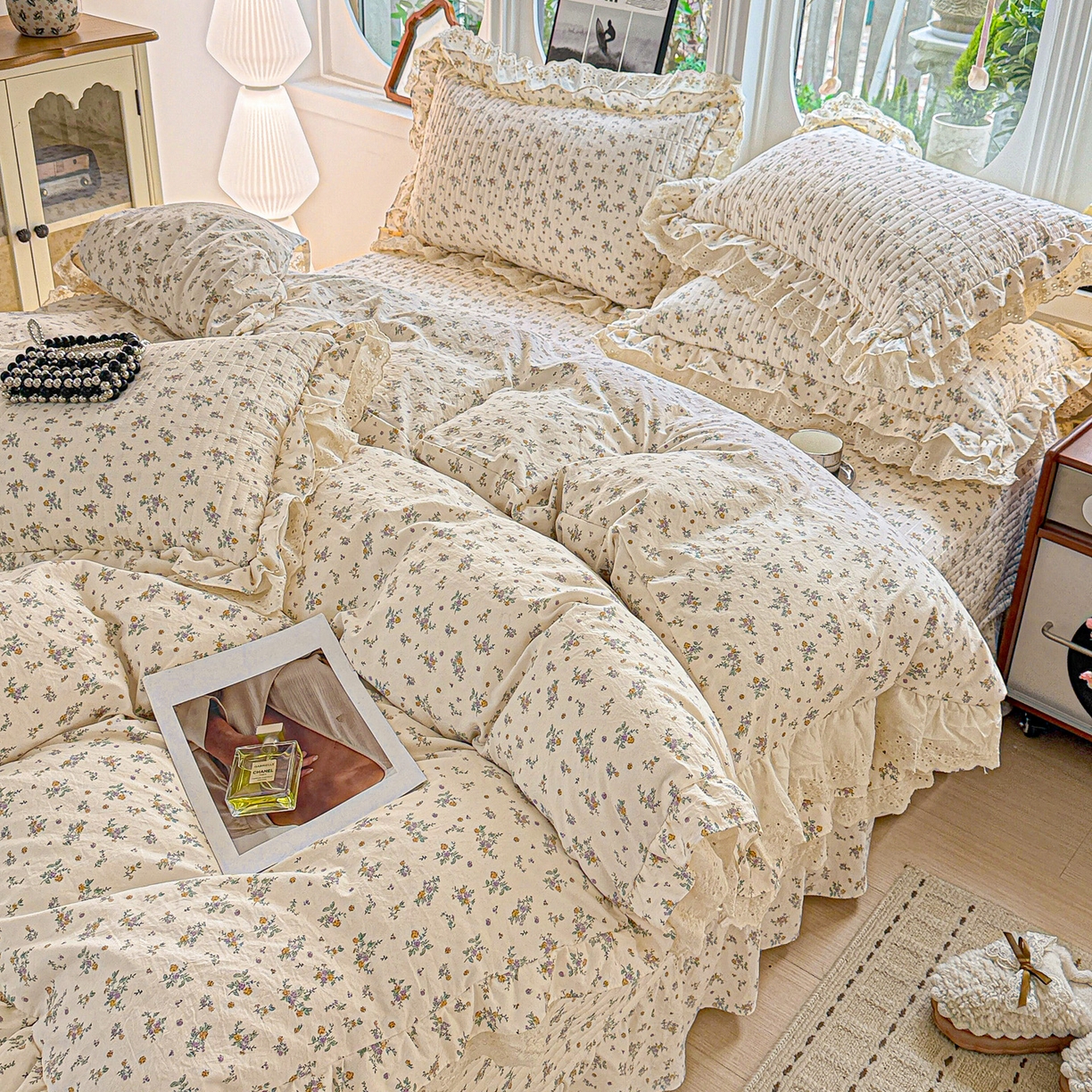 91家纺网 家纺一手货源 找家纺  梦莱斯 2026新款小清新可爱风纯棉花边床盖四件套 屿花