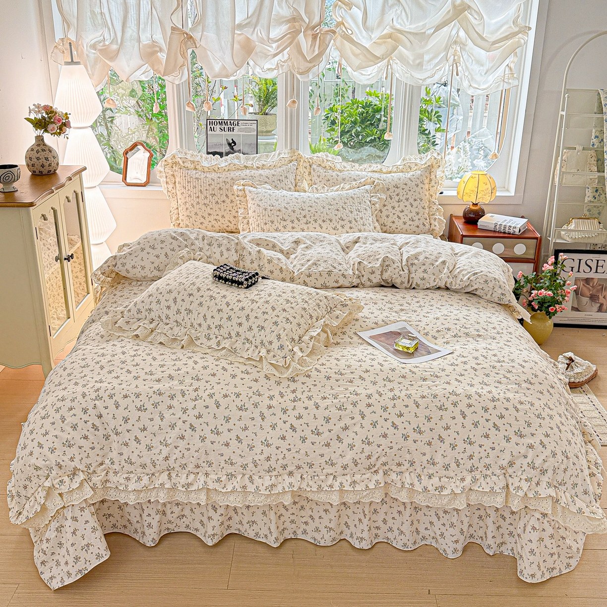 91家纺网 家纺一手货源 找家纺  梦莱斯 2026新款小清新可爱风纯棉花边床盖四件套 屿花