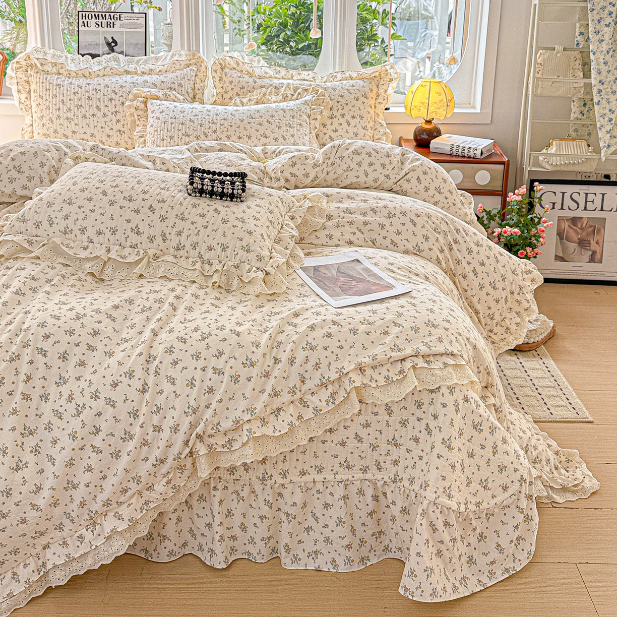 91家纺网 家纺一手货源 找家纺  梦莱斯 2026新款小清新可爱风纯棉花边床盖四件套 屿花