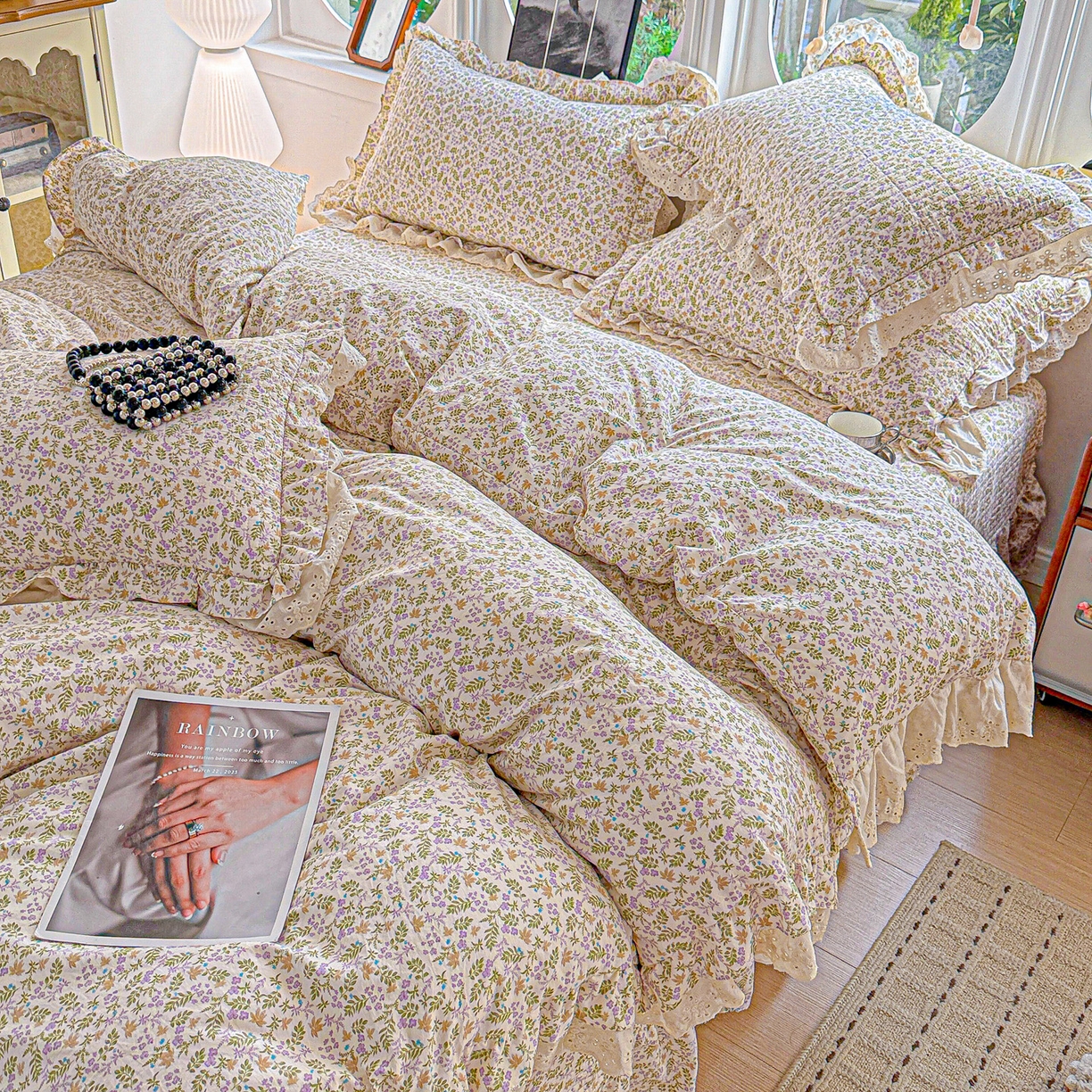 91家纺网 家纺一手货源 找家纺  梦莱斯 2026新款小清新可爱风纯棉花边床盖四件套 浅棠絮语