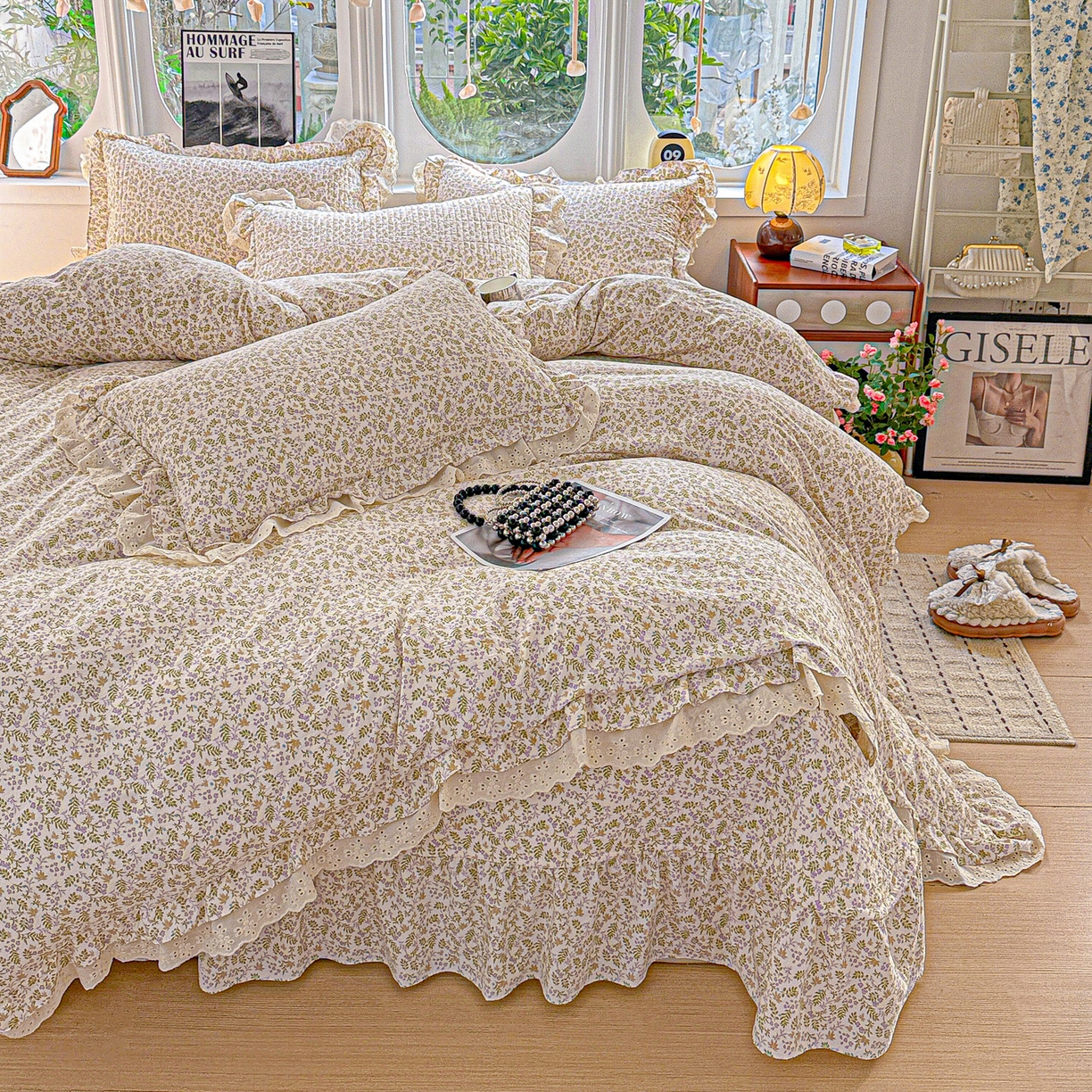 91家纺网 家纺一手货源 找家纺  梦莱斯 2026新款小清新可爱风纯棉花边床盖四件套 浅棠絮语