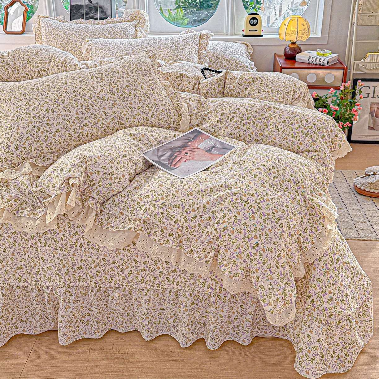  梦莱斯 2026新款小清新可爱风纯棉花边床盖四件套 浅棠絮语