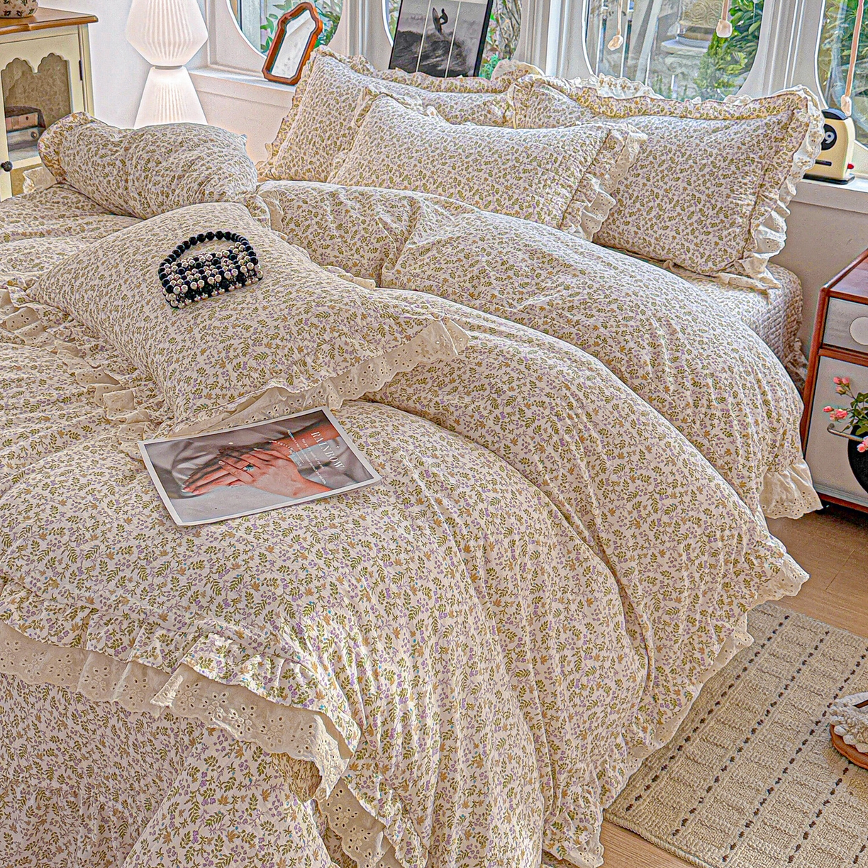 91家纺网 家纺一手货源 找家纺  梦莱斯 2026新款小清新可爱风纯棉花边床盖四件套 浅棠絮语