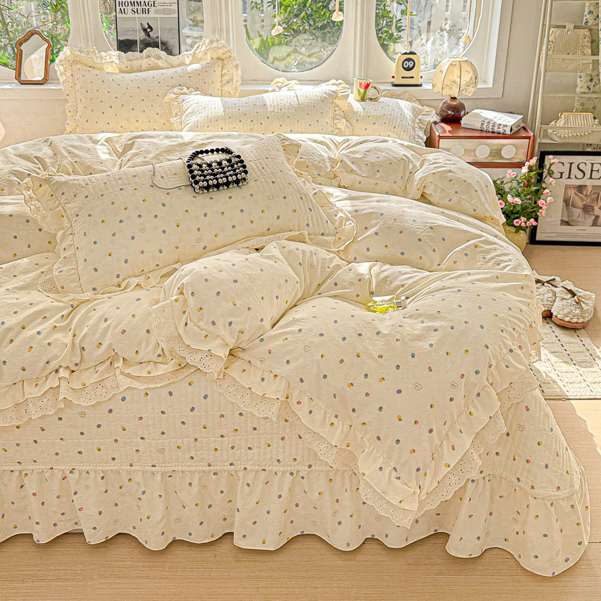  梦莱斯 2026新款小清新可爱风纯棉花边床盖四件套 彩色小草莓