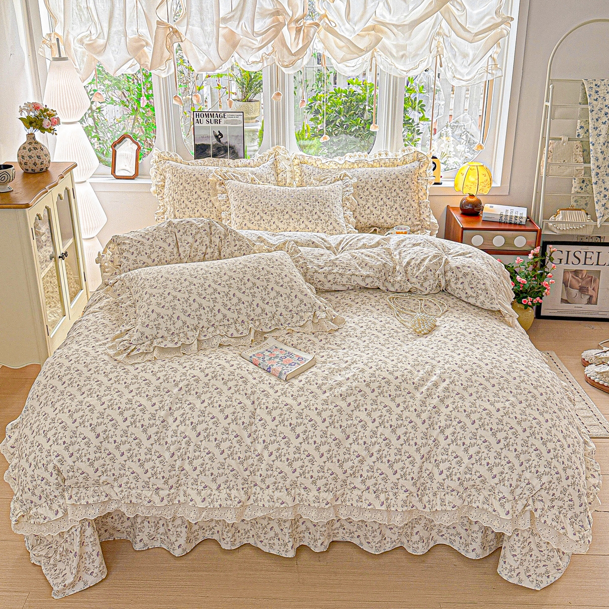 91家纺网 家纺一手货源 找家纺  梦莱斯 2026新款小清新可爱风纯棉花边床盖四件套 杏野繁花