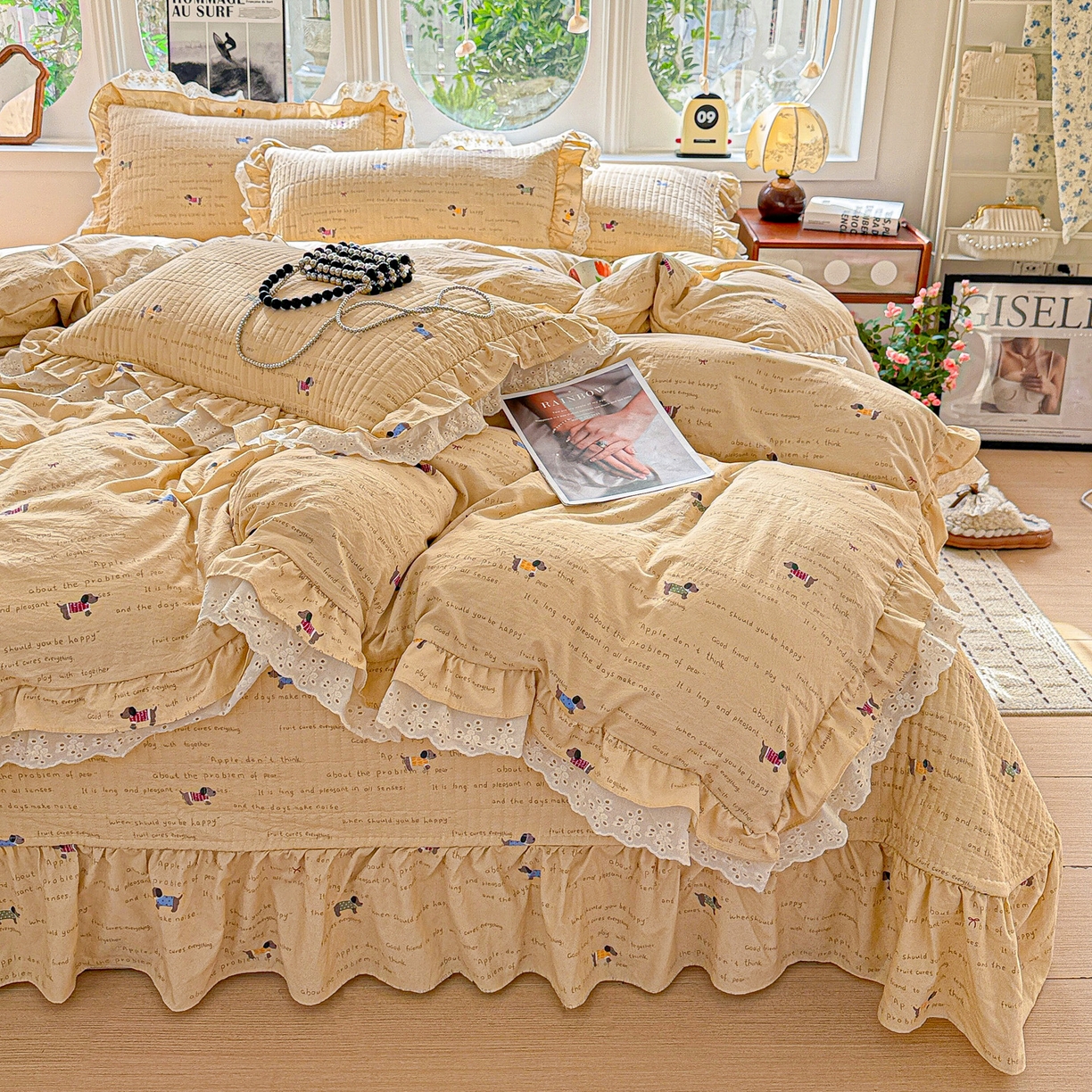  梦莱斯 2026新款小清新可爱风纯棉花边床盖四件套 狗狗家族