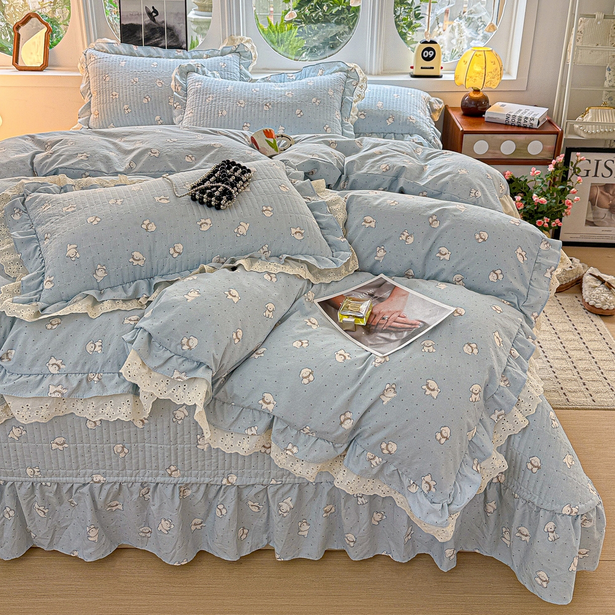  梦莱斯 2026新款小清新可爱风纯棉花边床盖四件套 蓝色狗狗