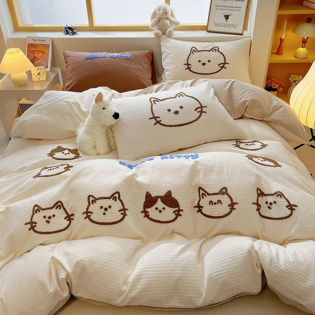 91家纺网 家纺一手货源 找家纺 （总）炫拼家纺 2026新款A类全棉纯棉华夫格毛巾绣B版40支纯棉水洗棉四件套-哆啦系列