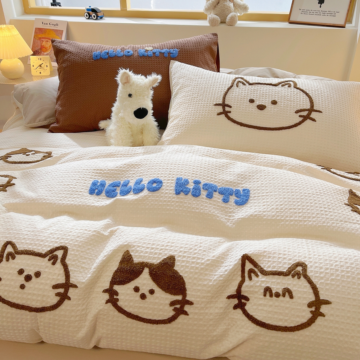 91家纺网 家纺一手货源 找家纺 （总）炫拼家纺 2026新款A类全棉纯棉华夫格毛巾绣B版40支纯棉水洗棉四件套-哆啦系列