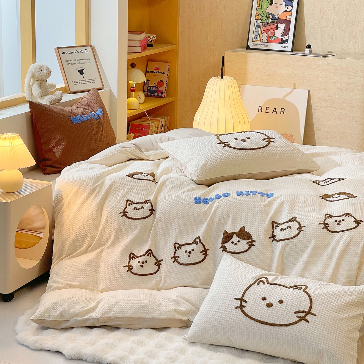 91家纺网 家纺一手货源 找家纺 （总）炫拼家纺 2026新款A类全棉纯棉华夫格毛巾绣B版40支纯棉水洗棉四件套-哆啦系列