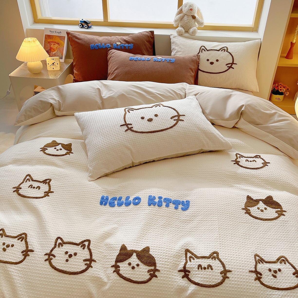 91家纺网 家纺一手货源 找家纺 （总）炫拼家纺 2026新款A类全棉纯棉华夫格毛巾绣B版40支纯棉水洗棉四件套-哆啦系列