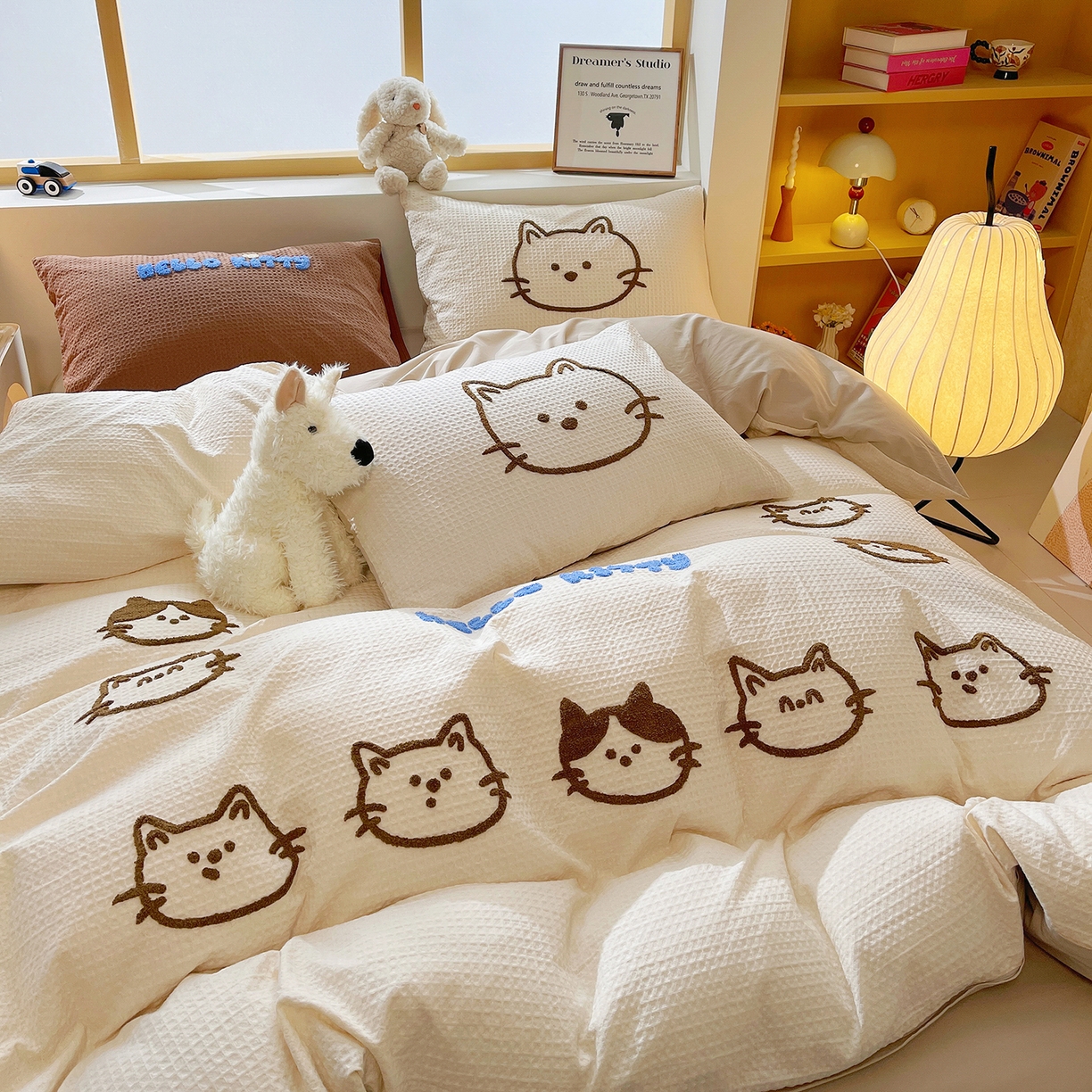 91家纺网 家纺一手货源 找家纺 （总）炫拼家纺 2026新款A类全棉纯棉华夫格毛巾绣B版40支纯棉水洗棉四件套-哆啦系列