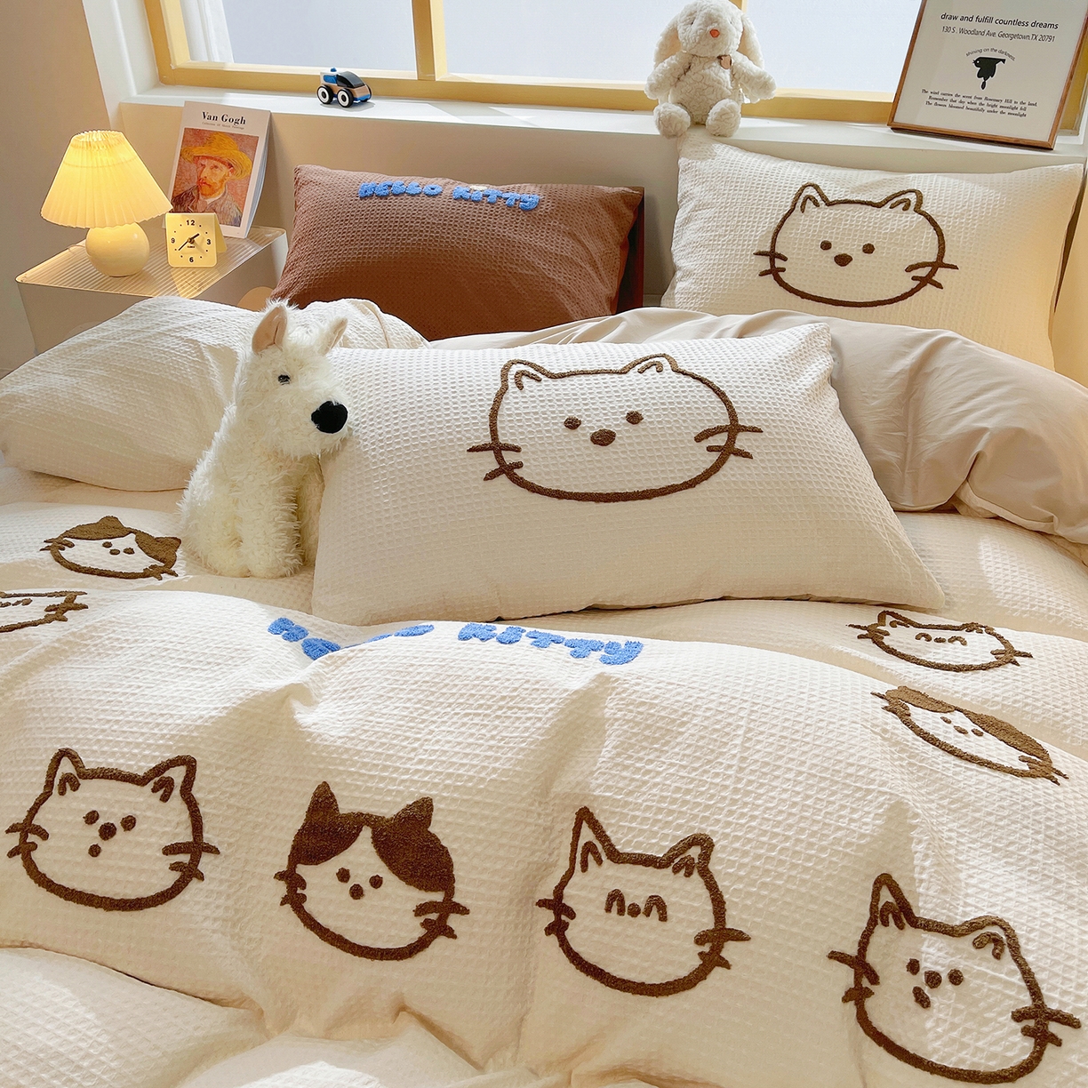 91家纺网 家纺一手货源 找家纺 炫拼家纺 2026新款A类全棉纯棉华夫格毛巾绣B版40支纯棉水洗棉四件套-哆啦系列 哆啦一小猫