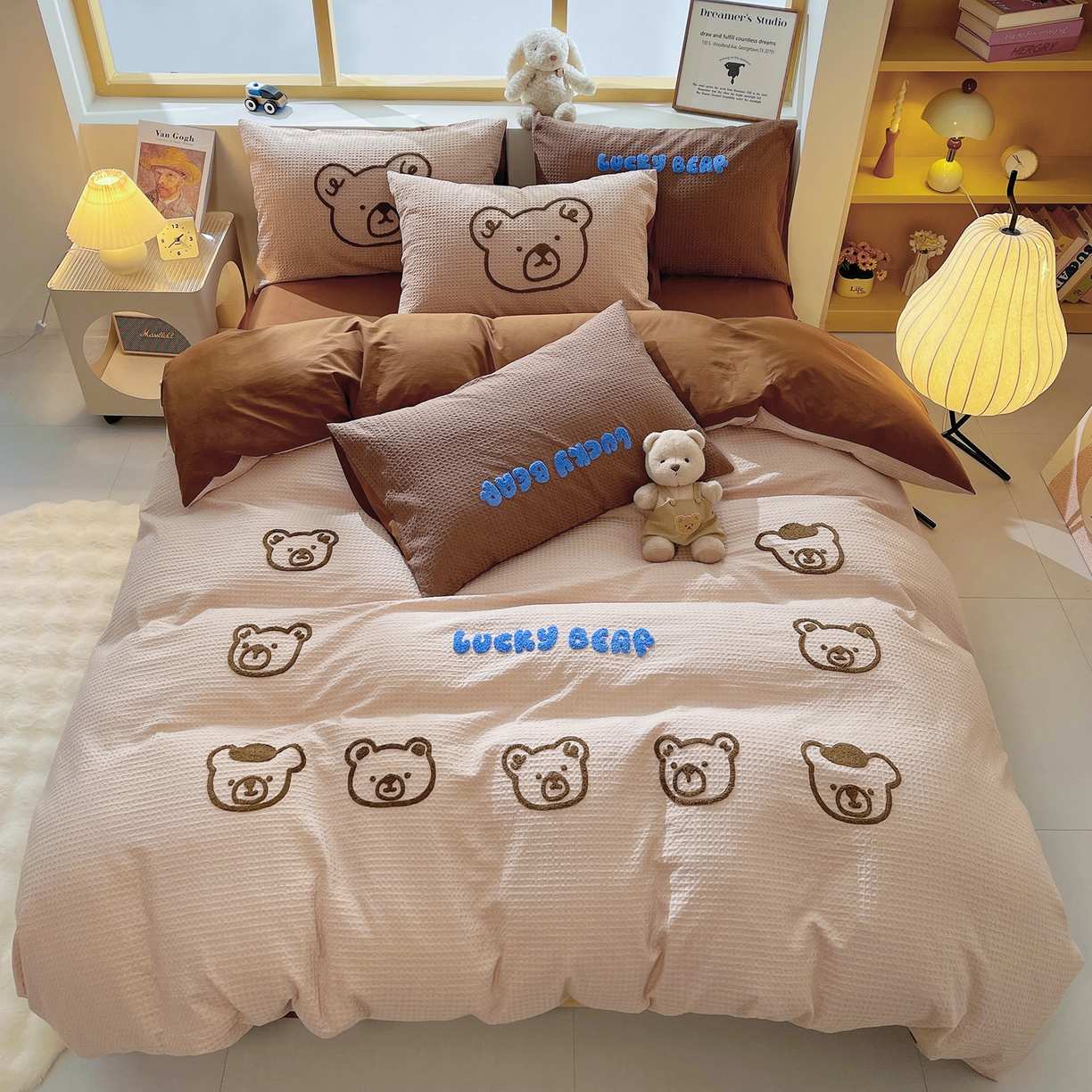 91家纺网 家纺一手货源 找家纺 炫拼家纺 2026新款A类全棉纯棉华夫格毛巾绣B版40支纯棉水洗棉四件套-哆啦系列 哆啦一小熊