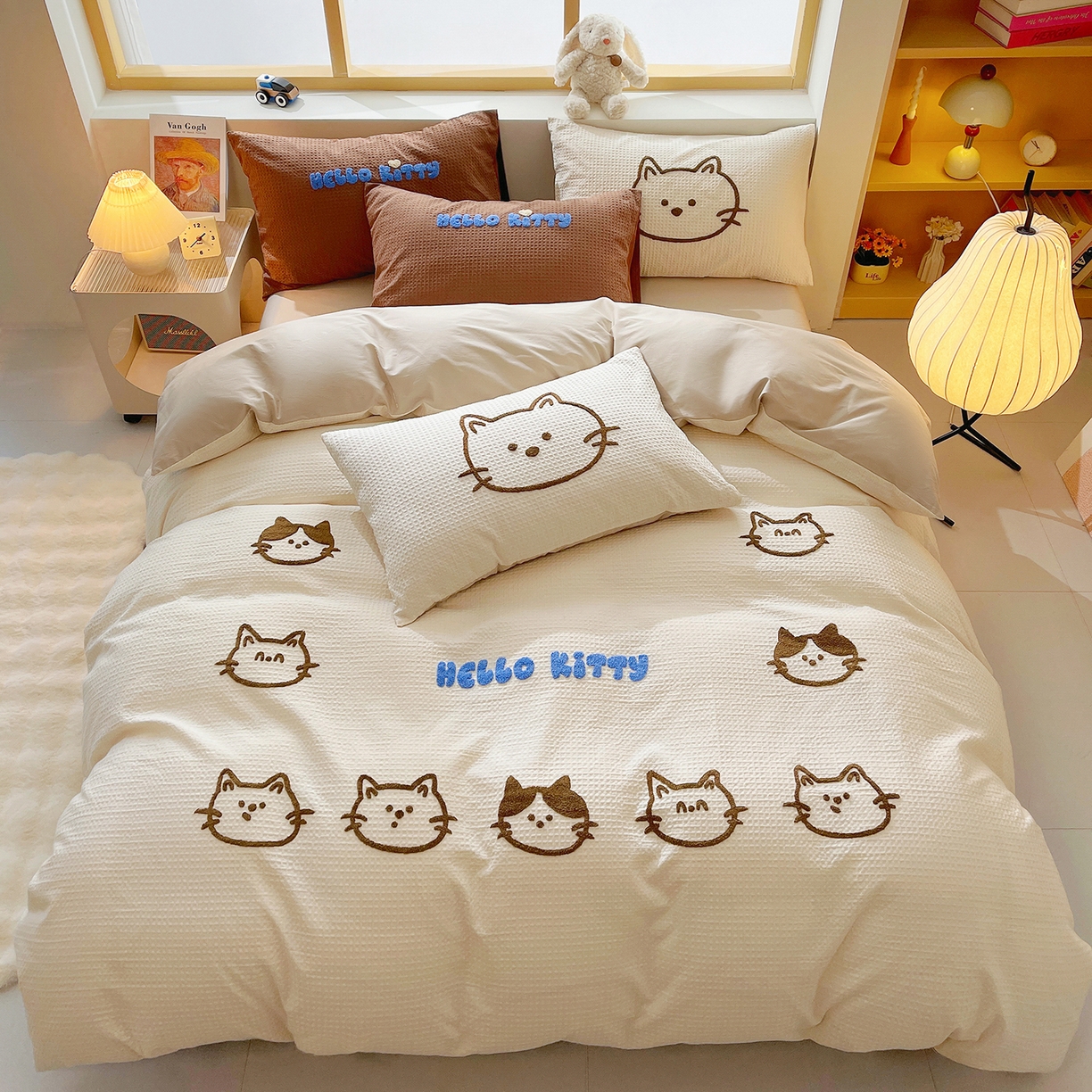 91家纺网 家纺一手货源 找家纺 （总）炫拼家纺 2026新款A类全棉纯棉华夫格毛巾绣B版40支纯棉水洗棉四件套-哆啦系列