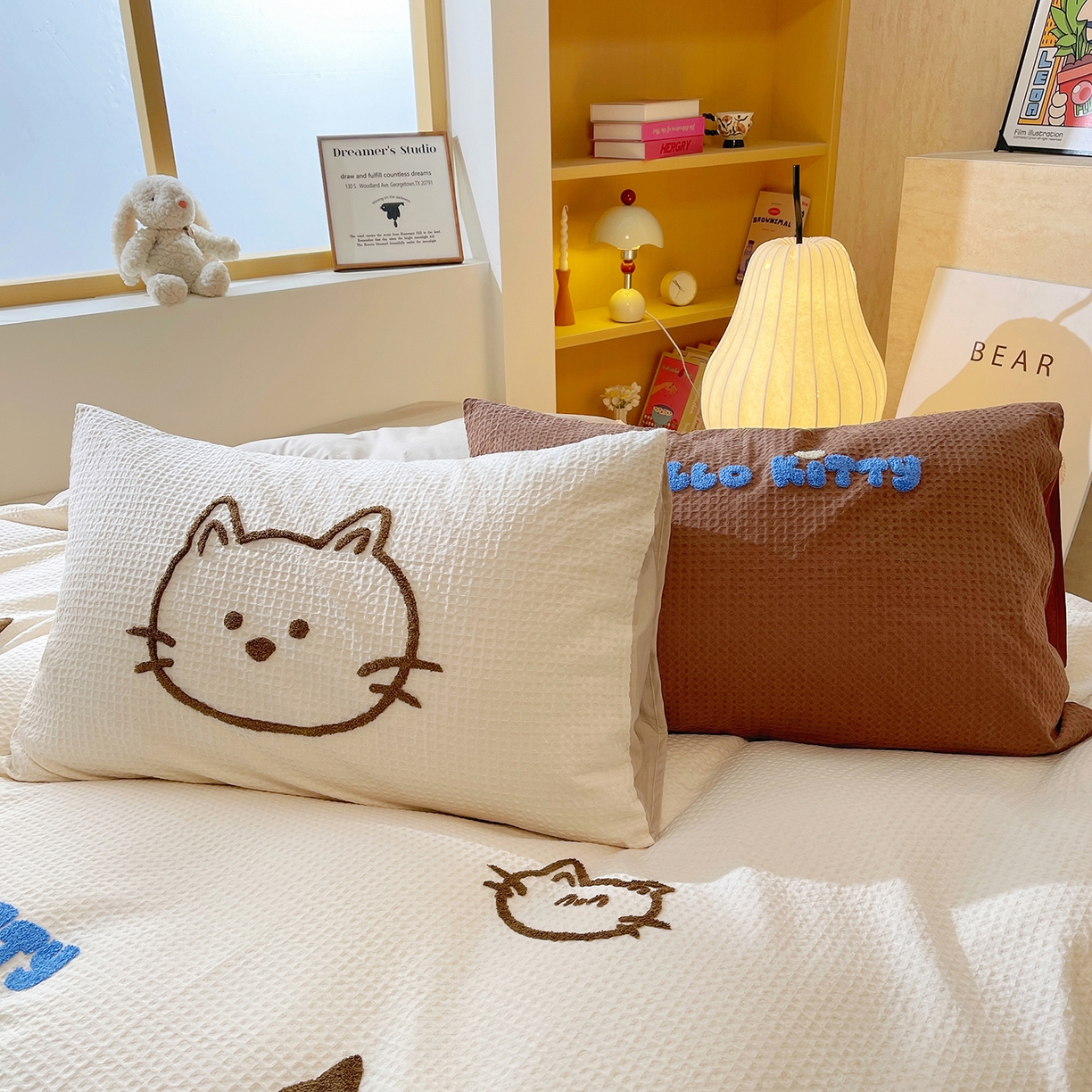 91家纺网 家纺一手货源 找家纺 炫拼家纺 2026新款A类全棉纯棉华夫格毛巾绣B版40支纯棉水洗棉四件套-哆啦系列 哆啦一小猫