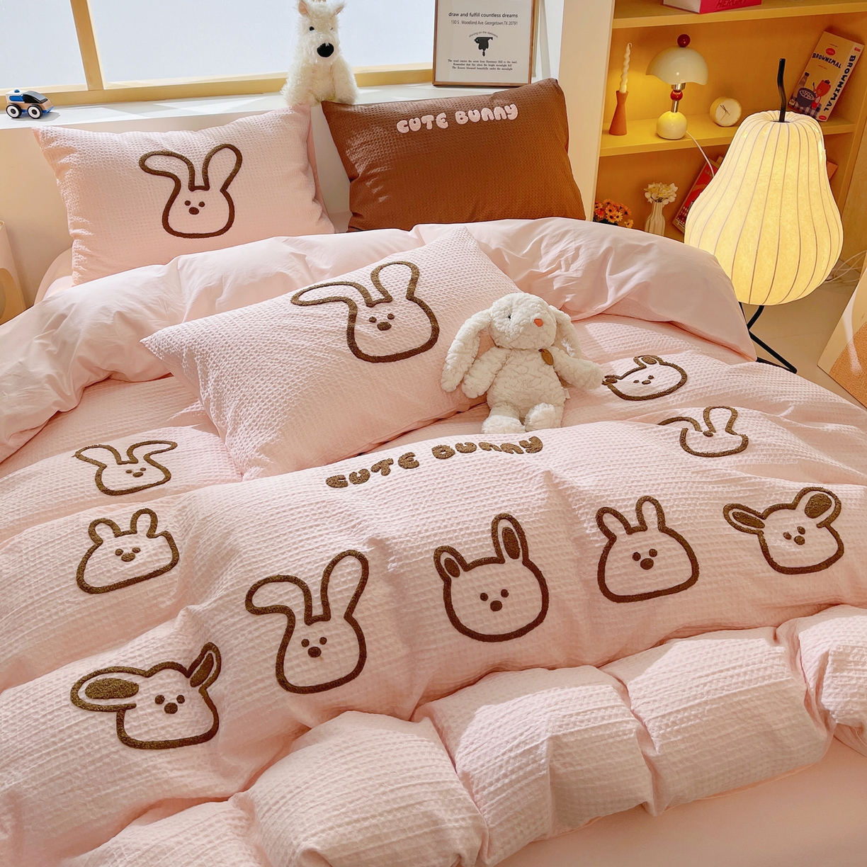 炫拼家纺 2026新款A类全棉纯棉华夫格毛巾绣B版40支纯棉水洗棉四件套-哆啦系列 哆啦一小兔