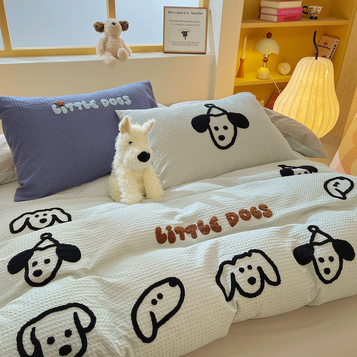 91家纺网 家纺一手货源 找家纺 炫拼家纺 2026新款A类全棉纯棉华夫格毛巾绣B版40支纯棉水洗棉四件套-哆啦系列 哆啦-小狗