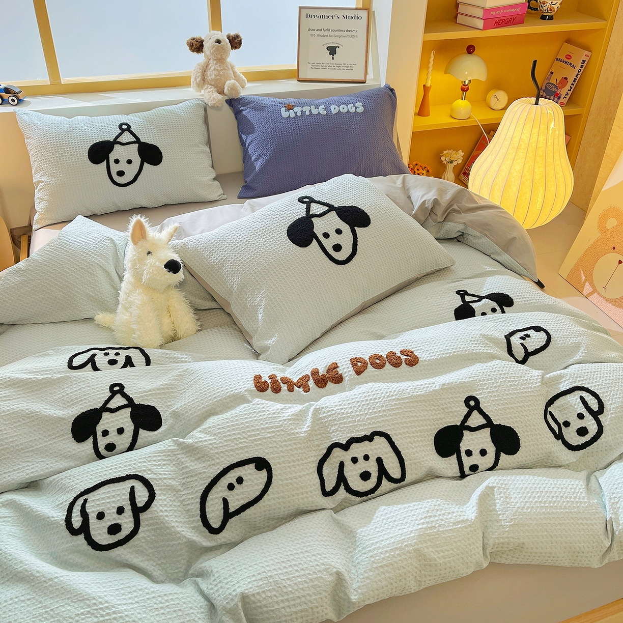 炫拼家纺 2026新款A类全棉纯棉华夫格毛巾绣B版40支纯棉水洗棉四件套-哆啦系列 哆啦-小狗