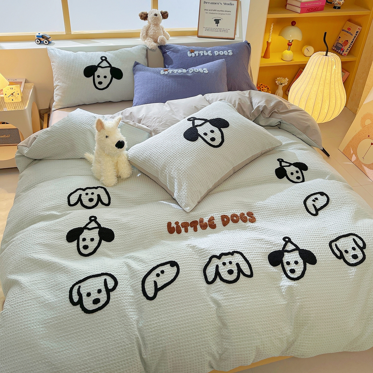 91家纺网 家纺一手货源 找家纺 炫拼家纺 2026新款A类全棉纯棉华夫格毛巾绣B版40支纯棉水洗棉四件套-哆啦系列 哆啦-小狗