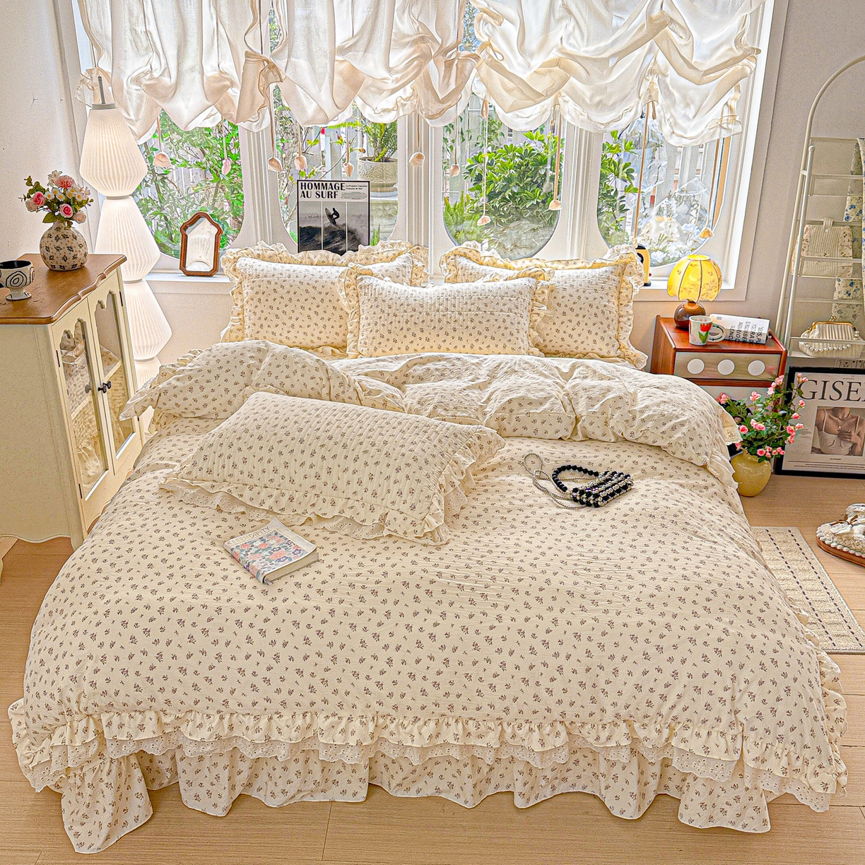 91家纺网 家纺一手货源 找家纺  梦莱斯 2026新款小清新可爱风纯棉花边床盖四件套 雾紫汀兰