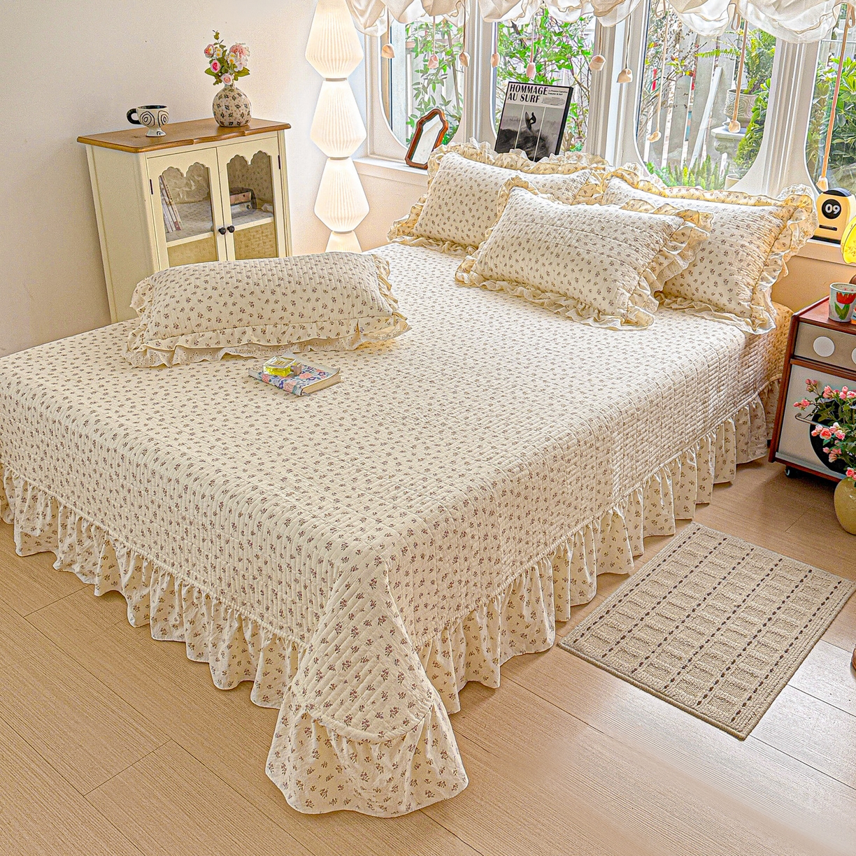 91家纺网 家纺一手货源 找家纺  梦莱斯 2026新款小清新可爱风纯棉花边床盖四件套 雾紫汀兰