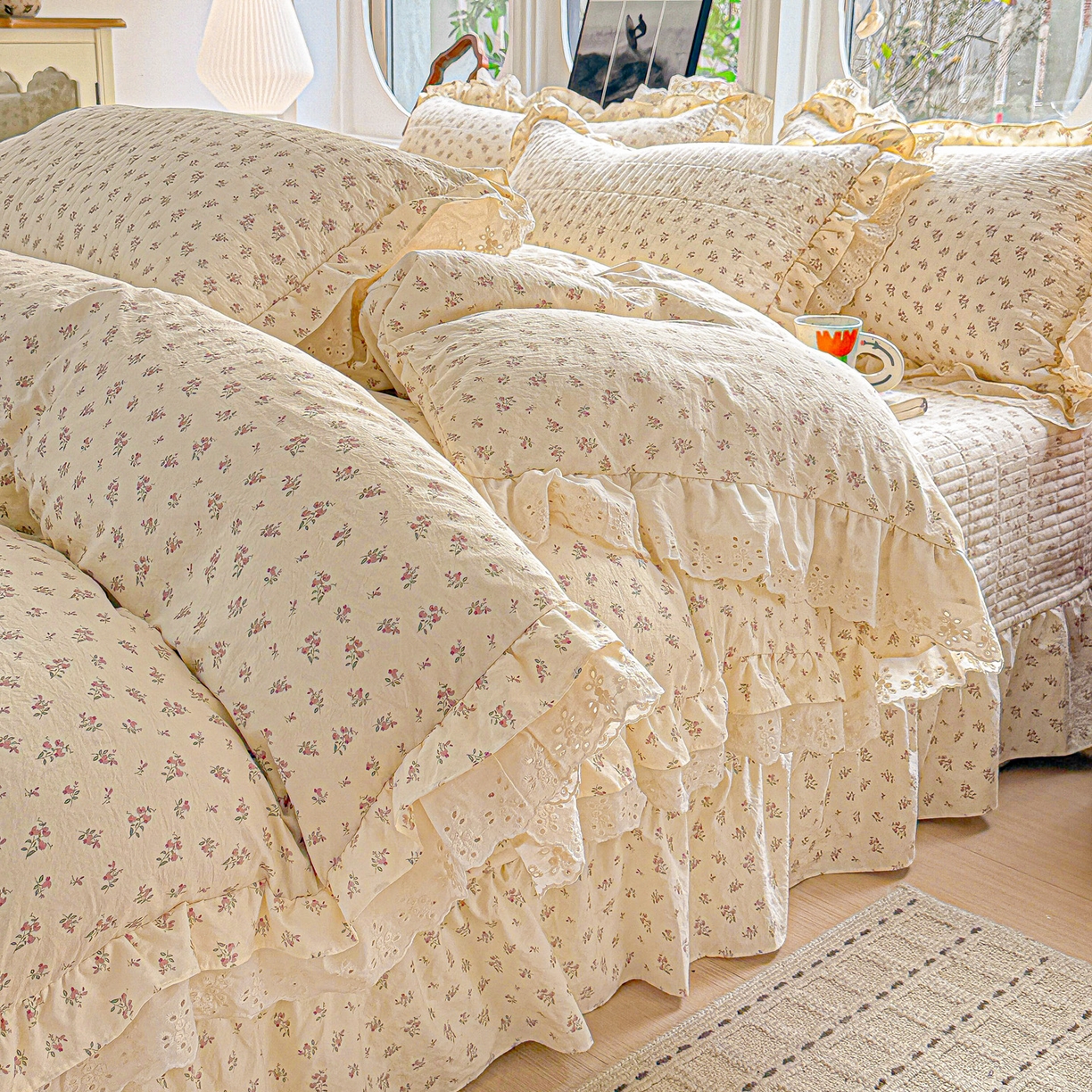 91家纺网 家纺一手货源 找家纺  梦莱斯 2026新款小清新可爱风纯棉花边床盖四件套 雾紫汀兰