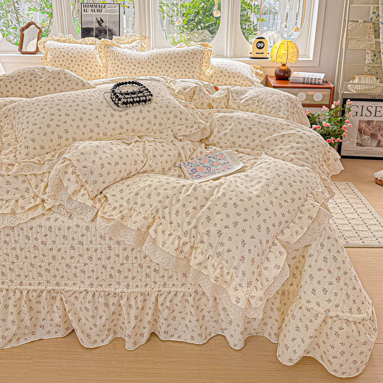  梦莱斯 2026新款小清新可爱风纯棉花边床盖四件套 雾紫汀兰