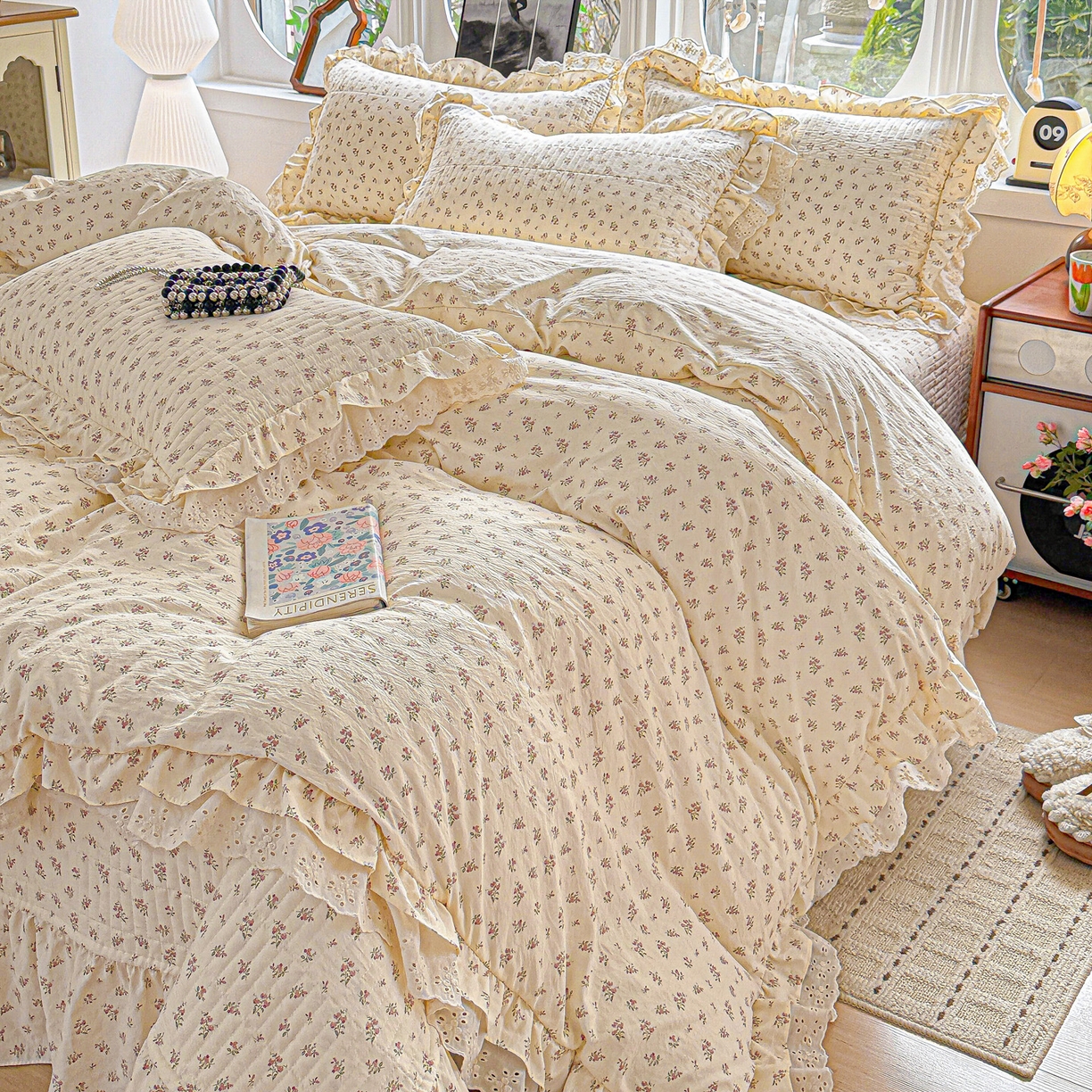 91家纺网 家纺一手货源 找家纺  梦莱斯 2026新款小清新可爱风纯棉花边床盖四件套 雾紫汀兰