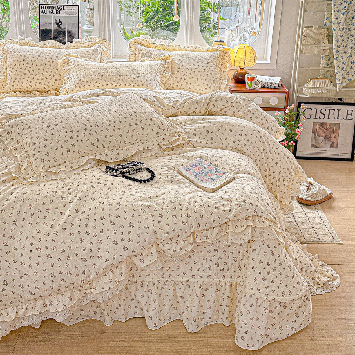 91家纺网 家纺一手货源 找家纺  梦莱斯 2026新款小清新可爱风纯棉花边床盖四件套 雾紫汀兰