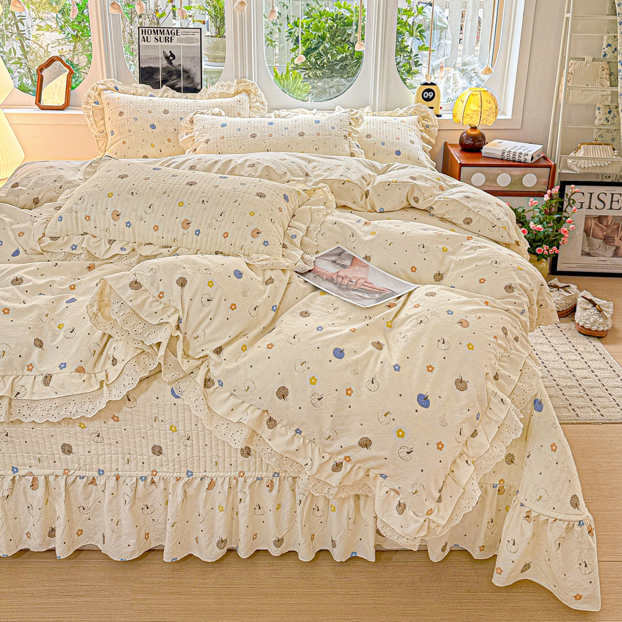  梦莱斯 2026新款小清新可爱风纯棉花边床盖四件套 米色南瓜