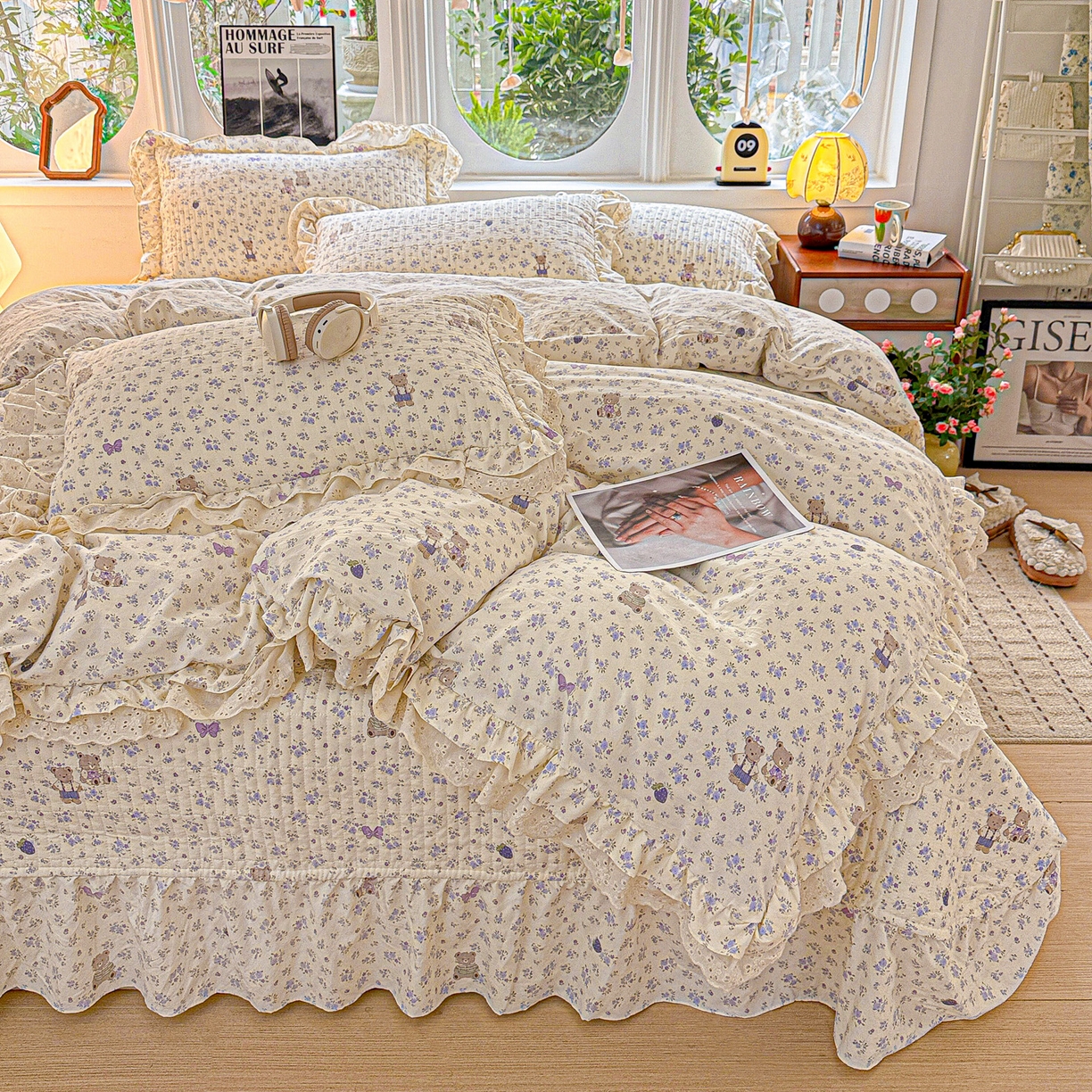  梦莱斯 2026新款小清新可爱风纯棉花边床盖四件套 熊熊乐园