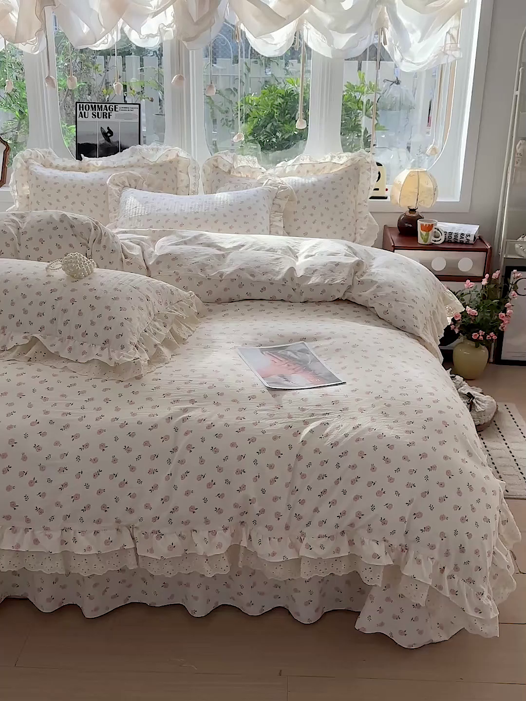 91家纺网 家纺一手货源 找家纺  梦莱斯 2026新款小清新可爱风纯棉花边床盖四件套 小玫瑰