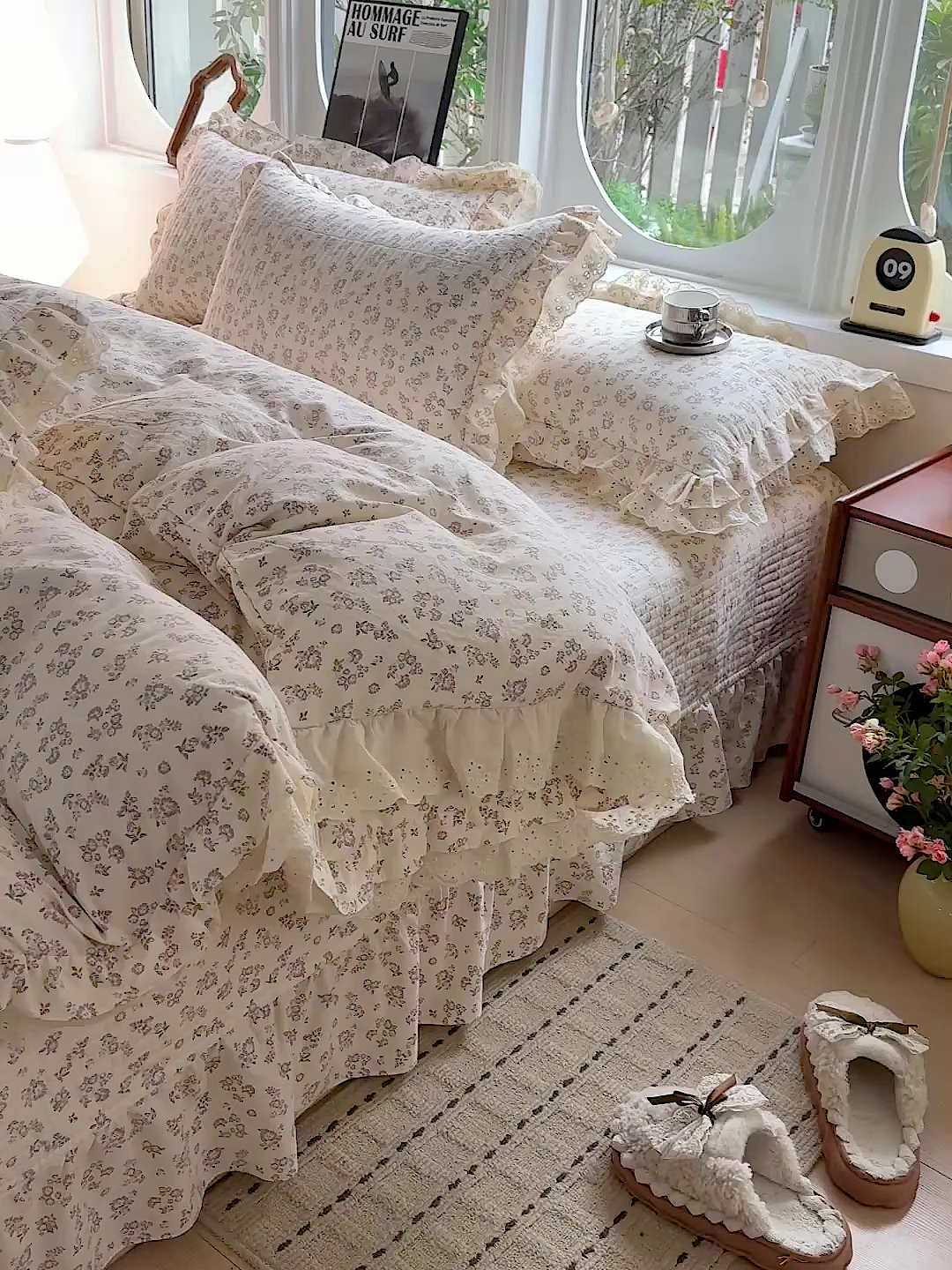 91家纺网 家纺一手货源 找家纺  梦莱斯 2026新款小清新可爱风纯棉花边床盖四件套 紫菱花笺