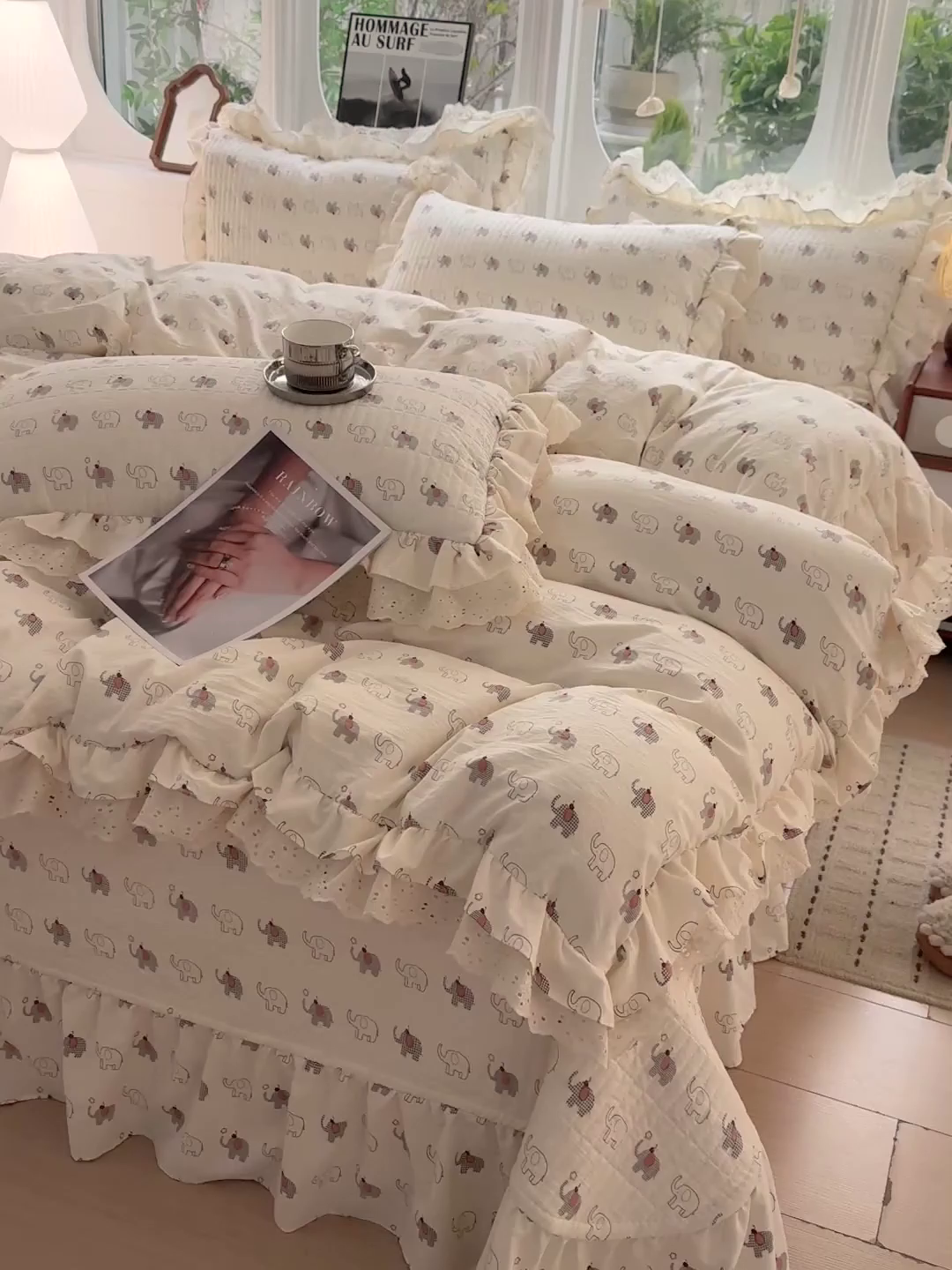 91家纺网 家纺一手货源 找家纺  梦莱斯 2026新款小清新可爱风纯棉花边床盖四件套 小象