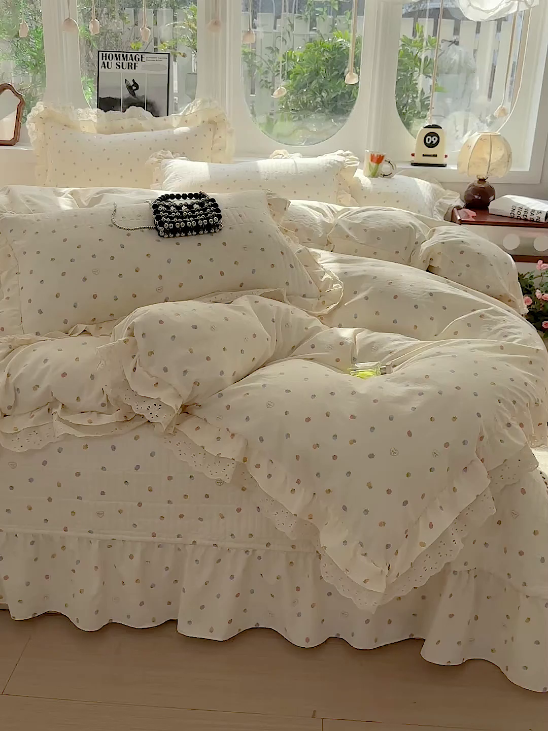 91家纺网 家纺一手货源 找家纺  梦莱斯 2026新款小清新可爱风纯棉花边床盖四件套 彩色小草莓