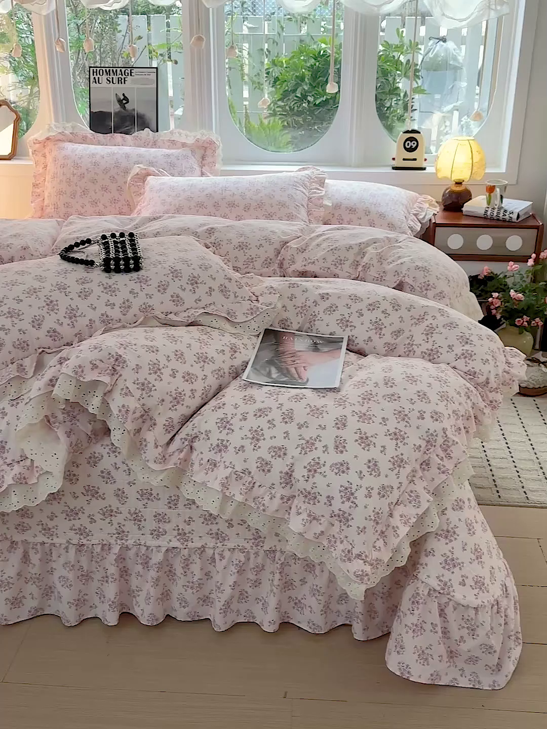 91家纺网 家纺一手货源 找家纺  梦莱斯 2026新款小清新可爱风纯棉花边床盖四件套 粉蔷薇