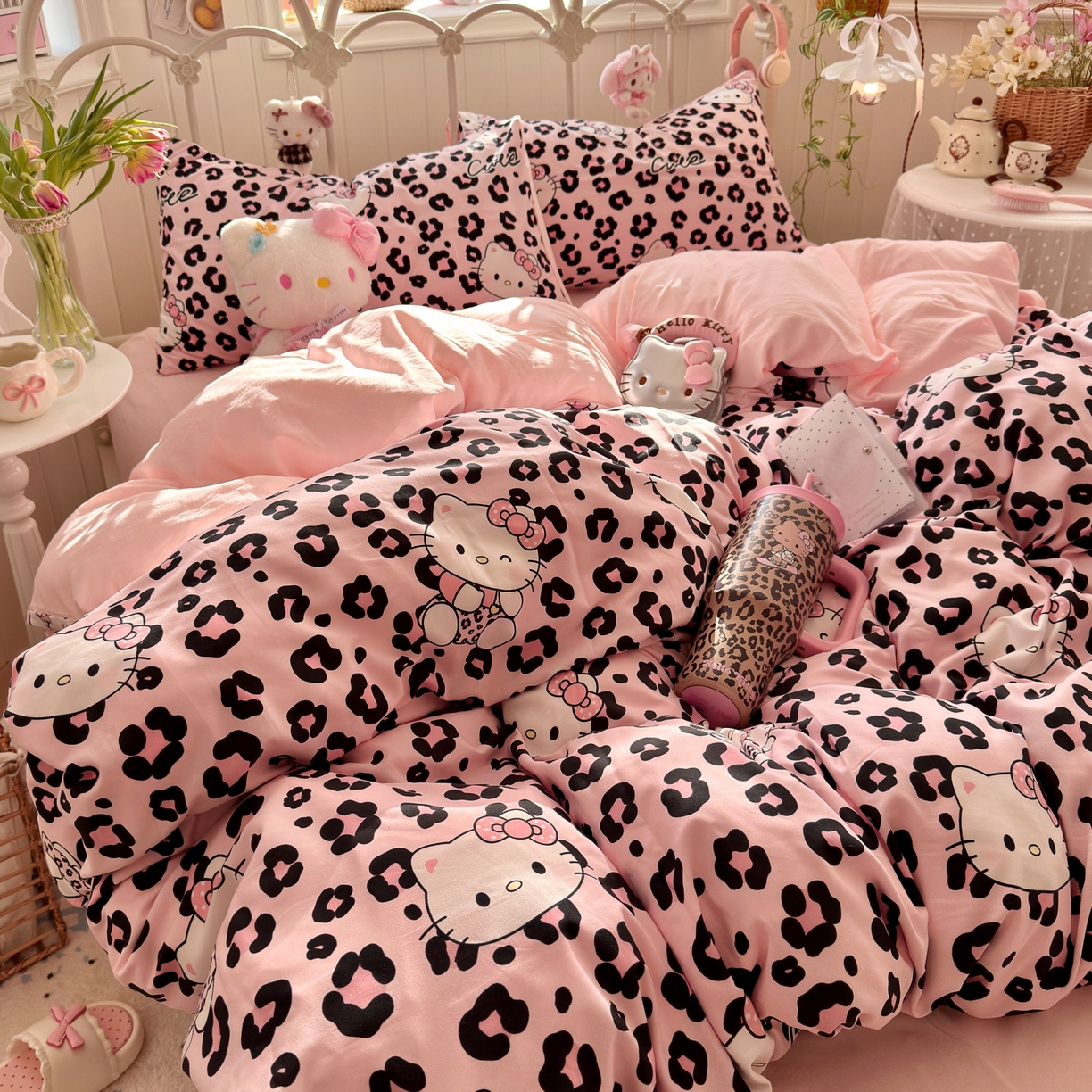 91家纺网 家纺一手货源 找家纺 卡斯诺家纺馆 2026新款卡通水洗云朵棉四件套下载文件包含买家秀 豹纹猫咪-粉