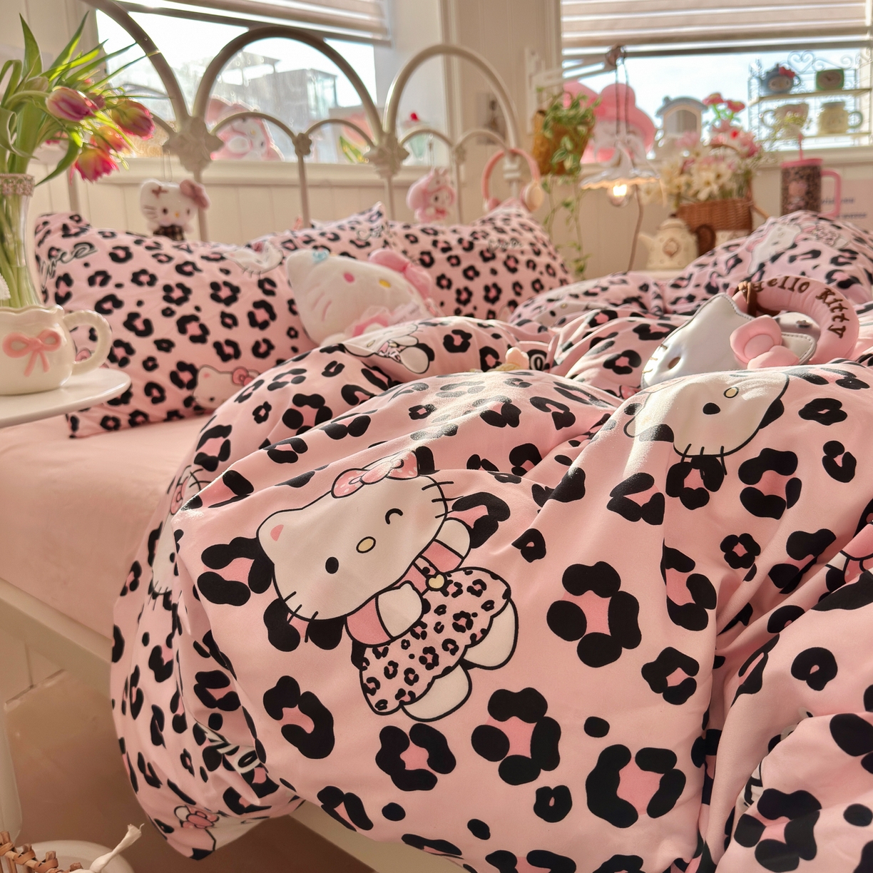 91家纺网 家纺一手货源 找家纺 卡斯诺家纺馆 2026新款卡通水洗云朵棉四件套下载文件包含买家秀 豹纹猫咪-粉