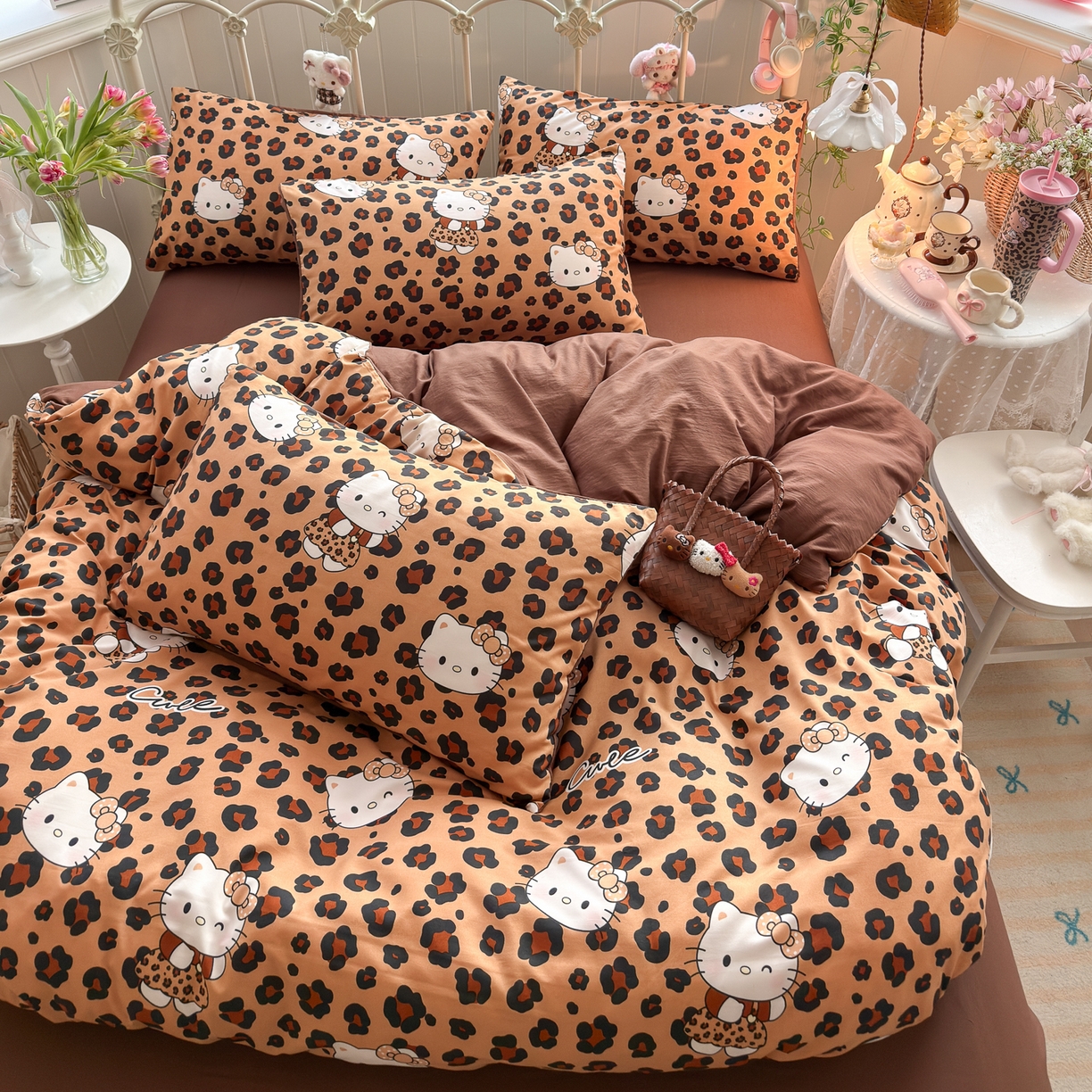 卡斯诺家纺馆 2026新款卡通水洗云朵棉四件套下载文件包含买家秀 豹纹猫咪-咖
