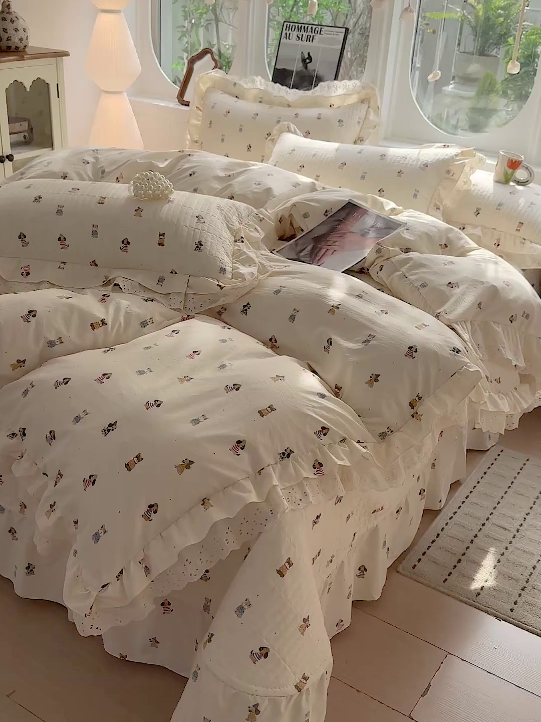 91家纺网 家纺一手货源 找家纺  梦莱斯 2026新款小清新可爱风纯棉花边床盖四件套 可爱狗狗