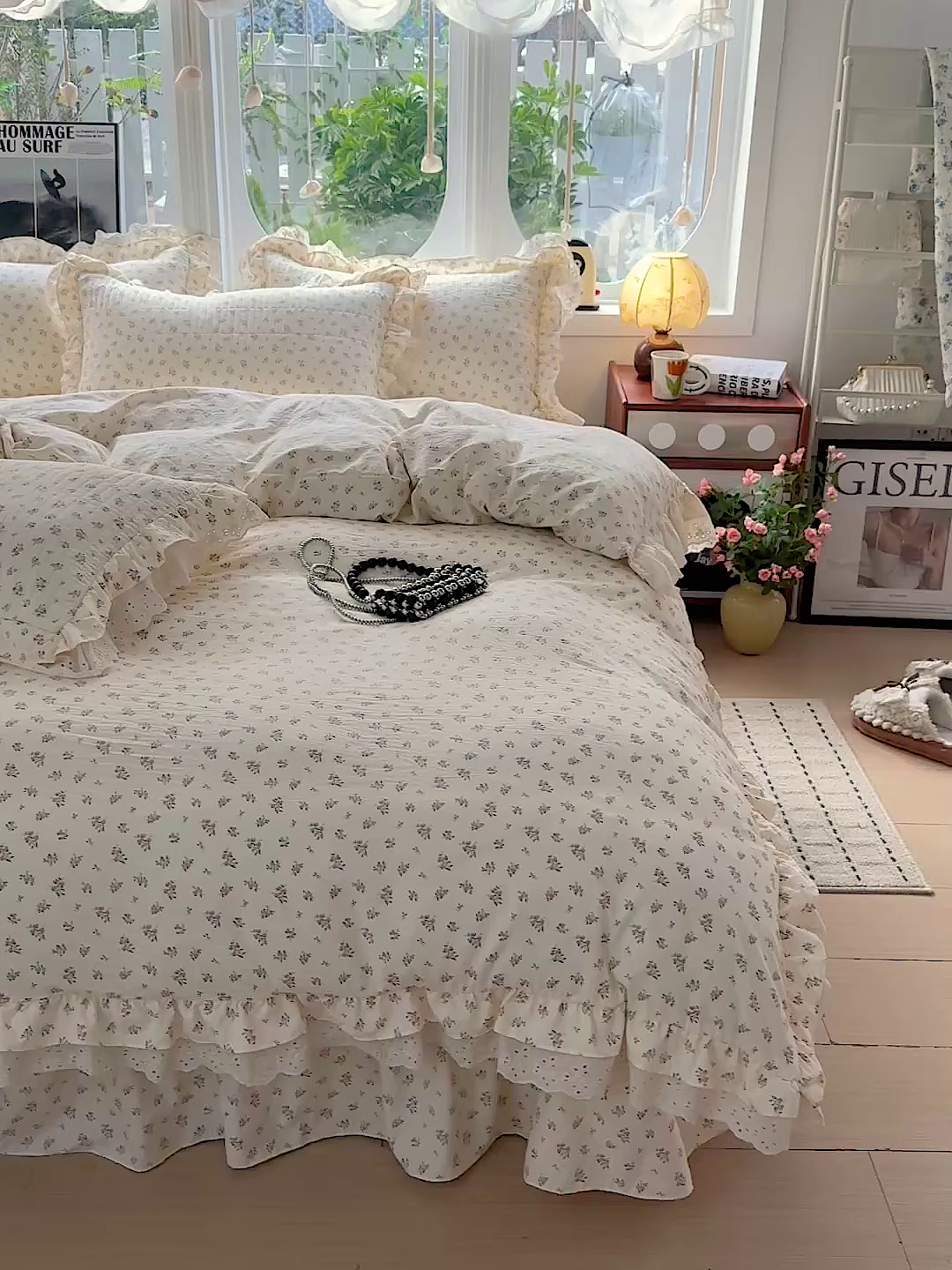 91家纺网 家纺一手货源 找家纺  梦莱斯 2026新款小清新可爱风纯棉花边床盖四件套 雾紫汀兰