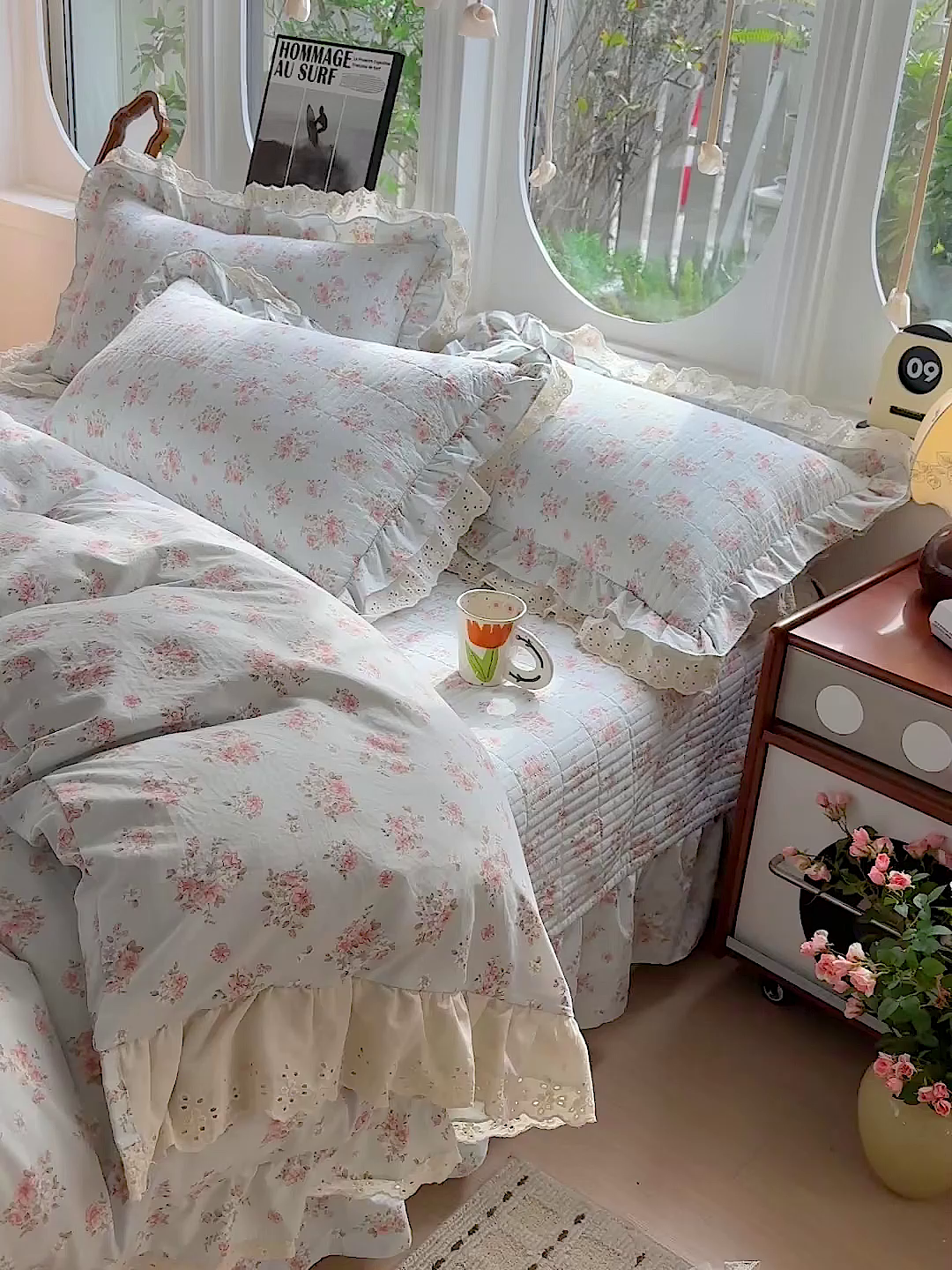 91家纺网 家纺一手货源 找家纺  梦莱斯 2026新款小清新可爱风纯棉花边床盖四件套 蓝色梦铃