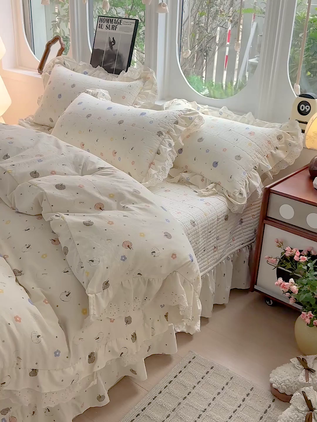 91家纺网 家纺一手货源 找家纺  梦莱斯 2026新款小清新可爱风纯棉花边床盖四件套 米色南瓜